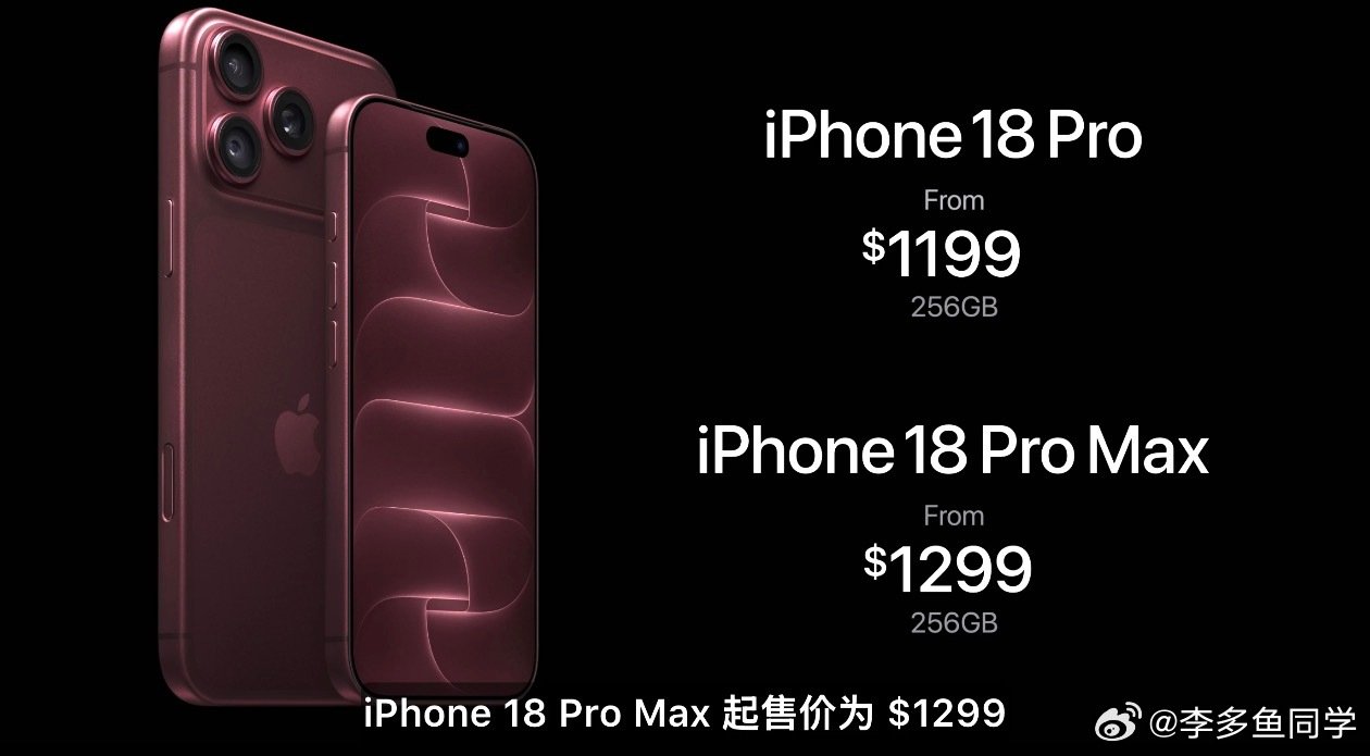iPhone 18 Pro / Pro Max，就更新了4个地方。

A20 Pro 芯片：2nm 工艺，性能和能效继续提升。

影像升级：4800 万主摄加入可变光圈，夜景、人像和视频能力更强。

续航提升：Pro 约 36 小时视频播放，Pro Max 约 45 小时。

设计小改：延续 17 Pro 整体风格，新增冰川色、勃艮第色等新配色。 ​