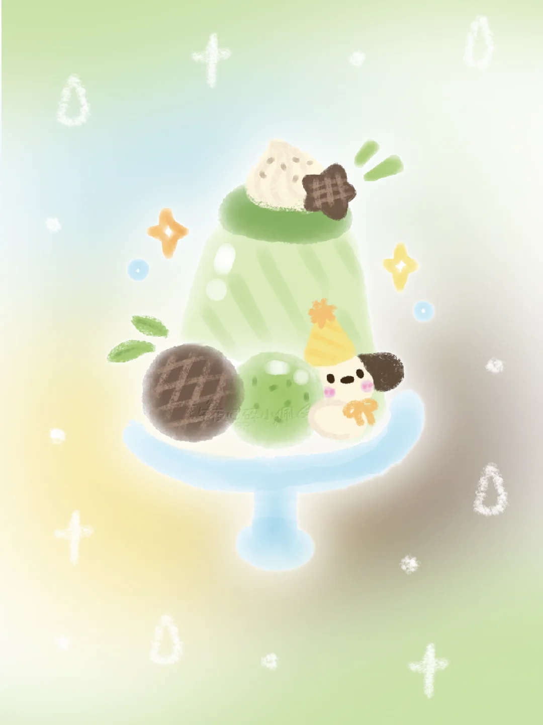 🍮备忘录画画｜初夏清爽抹茶布丁小狗•ﻌ•ྀི