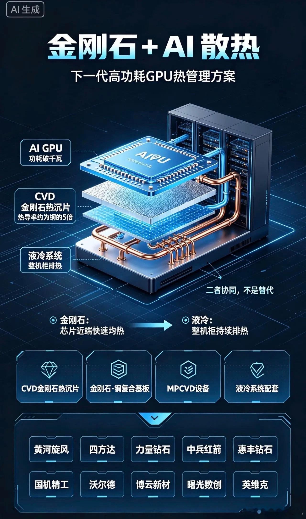 金刚石+AI散热，10家核心公司

AI高功耗GPU功耗破千瓦，传统铜散热触及上限；CVD金刚石热沉片热导率是铜的5倍，和液冷形成组合方案：金刚石负责芯片近端快速均热，液冷负责整机柜排热，二者相辅相成，不是替代关系。
赛道分为：CVD金刚石热沉片、金刚石‑铜复合基板、MPCVD设备、液冷系统配套四大环节 ​