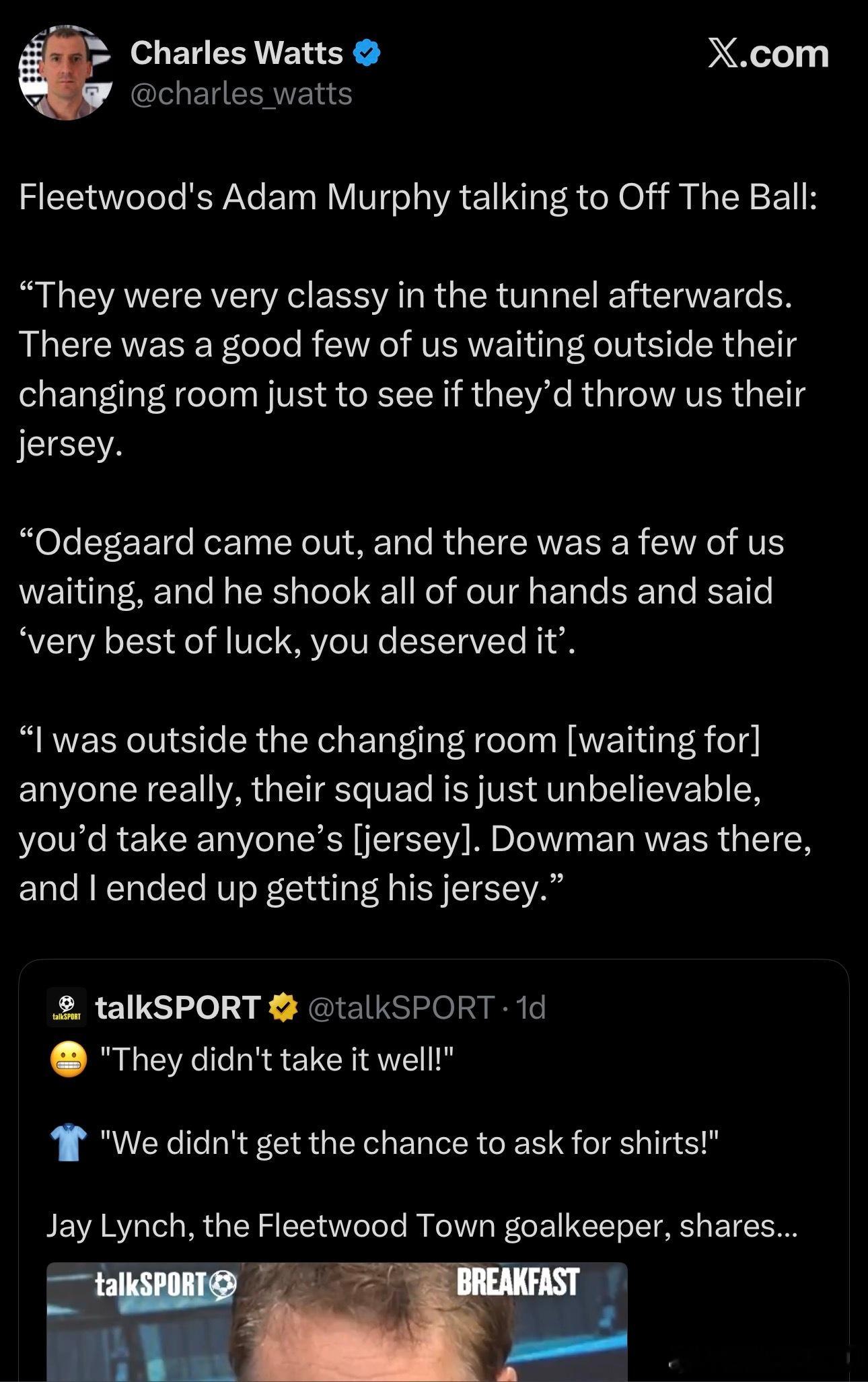 这是真的牛逼😂asn你太红了你别是被talksports自掏腰包陷害成精了吧

fleetwood的门将说asn全队在输了以后一点风度也没有也压根不给他们换球衣😂blabla说一堆 但对面的另一个球员在别的采访里却说：

“赛后，他们在球员通道里的表现非常有风度。我们好几个人在他们更衣室外面等着，想看看他们愿不 ​