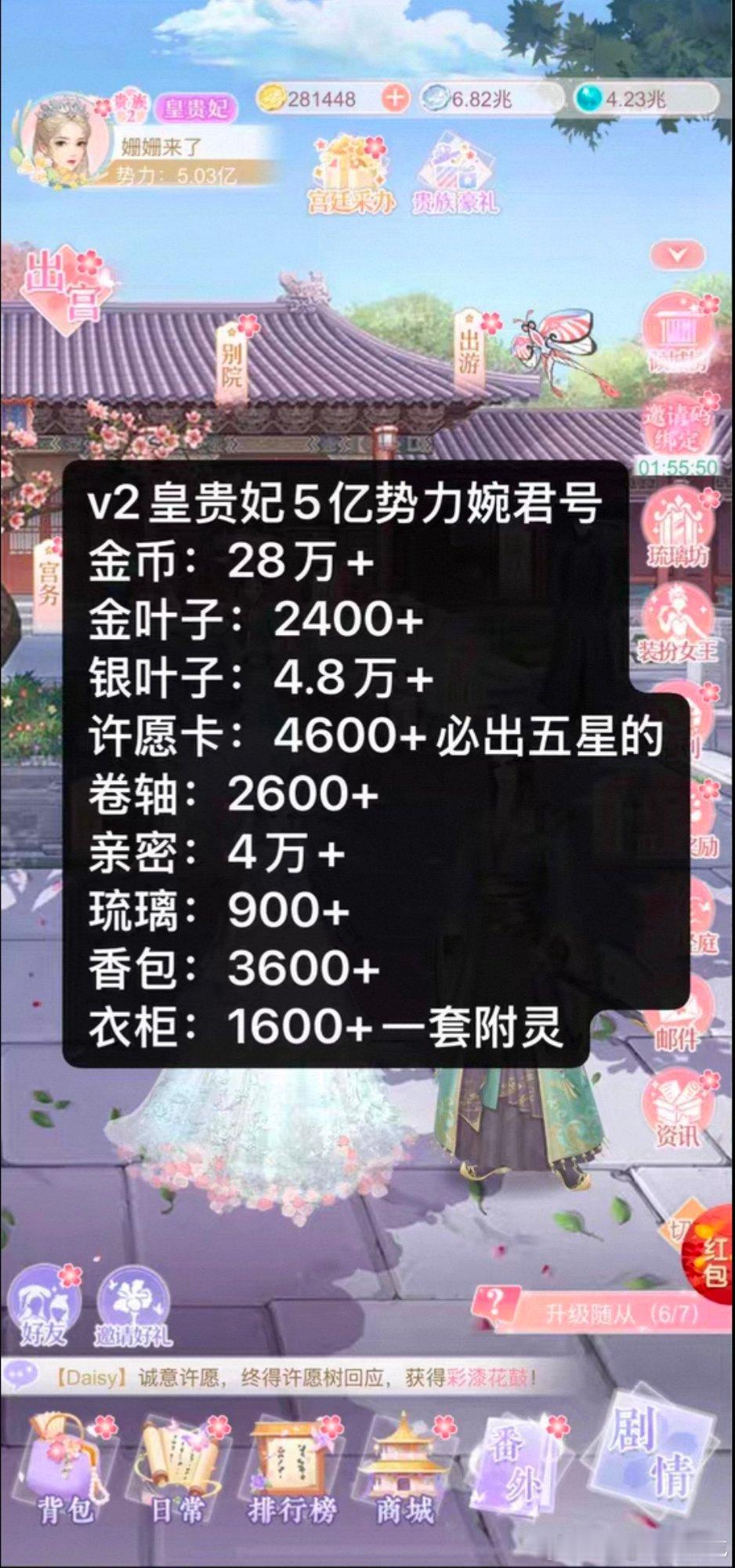 #我在大清玩暖暖[超话]# 出28万金币v2皇贵妃5亿势力婉君号
金币：28万+
金叶子:2400+
银叶子:4.8万+
许愿卡:4600+必出五星的那种
卷轴:2600+
亲密：4万+
琉璃:900+
香包:3600+
衣柜：1600+一套附灵
无密无手苹果安卓都有App 
不退不换 登上及时改密码 ​