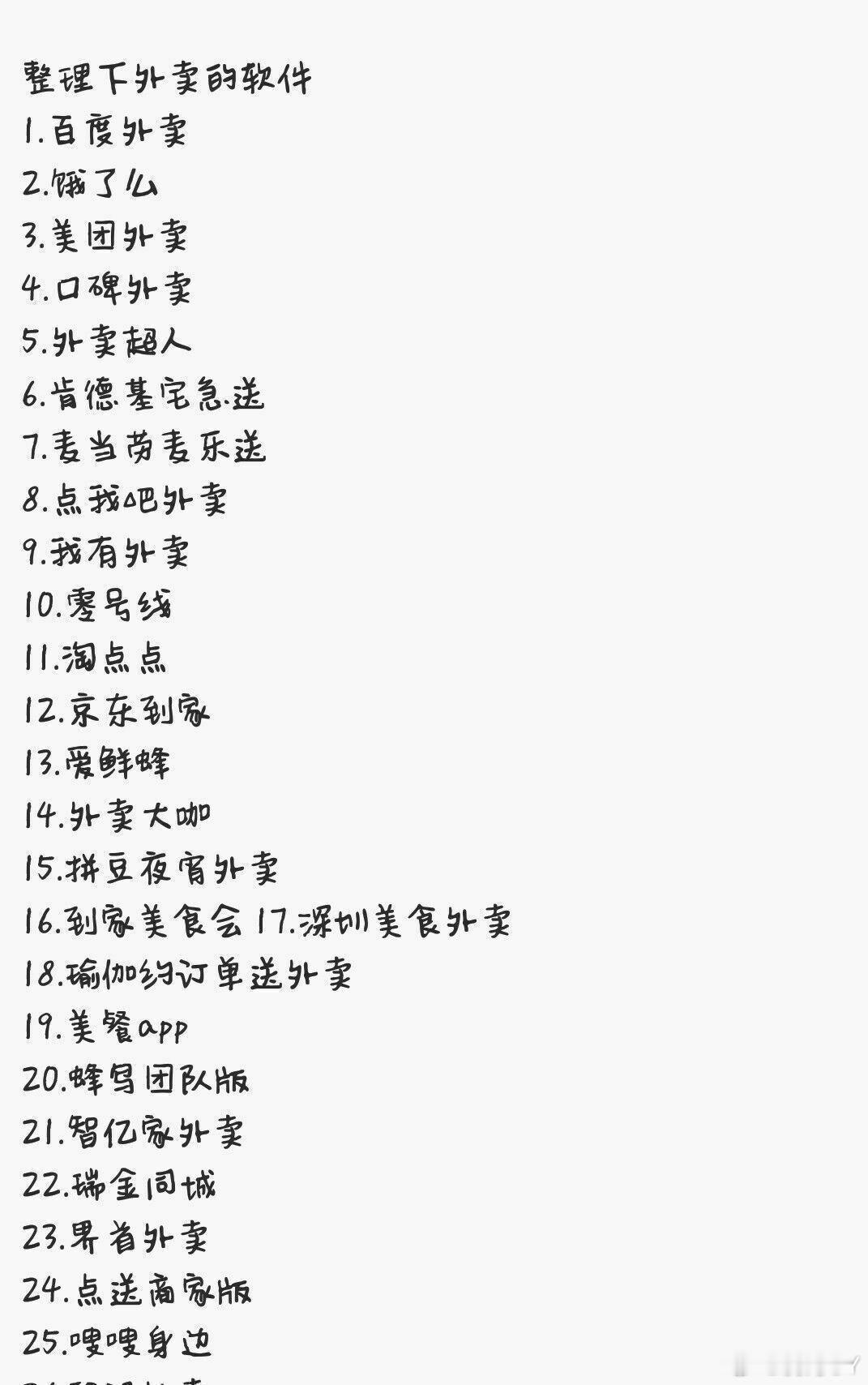 整理下外卖的软件
1.百度外卖
2.饿了么
3.美团外卖
4.口碑外卖
5.外卖超人
6.肯德基宅急送
7.麦当劳麦乐送
8.点我吧外卖
9.我有外卖
10.零号线
11.淘点点
12.京东到家
13.爱鲜蜂
14.外卖大咖
15.拼豆夜宵外卖
16.到家美食会 17.深圳美食外卖
18.瑜伽约订单送外卖
19.美餐app
20.蜂鸟团队版
21.智亿家外 ​