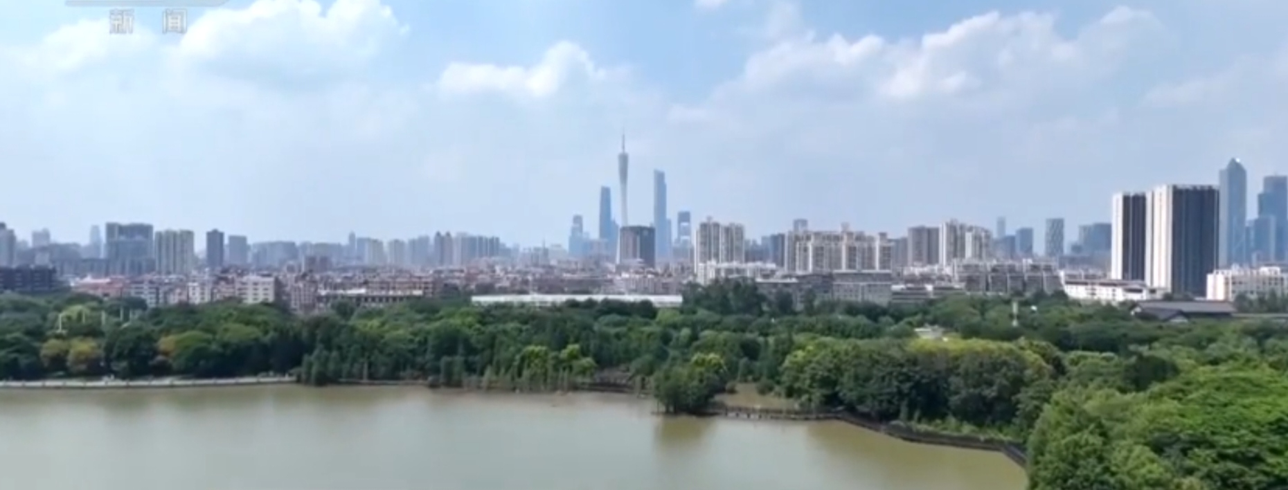 这是广州，图中前景是荔湾湖公园的碧水绿树，远处地标广州塔刺破天际，衬着...