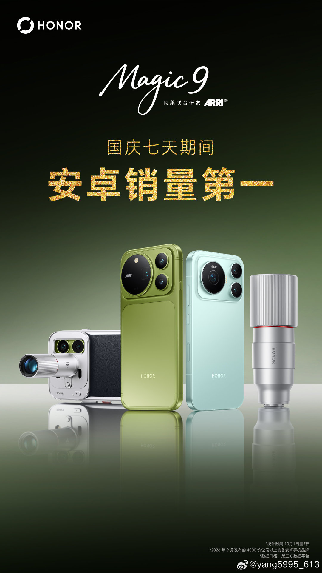 国庆七天，实力答卷！
#荣耀Magic9 系列斩获国庆七天安卓销量第一。
每一份销量背后，是大家对荣耀品牌和产品的肯定。感恩信赖，我们将持续打磨旗舰体验，以更好的产品回应每一份期#荣耀Magic9系列#荣耀600 系列#荣耀Robotphone  ​