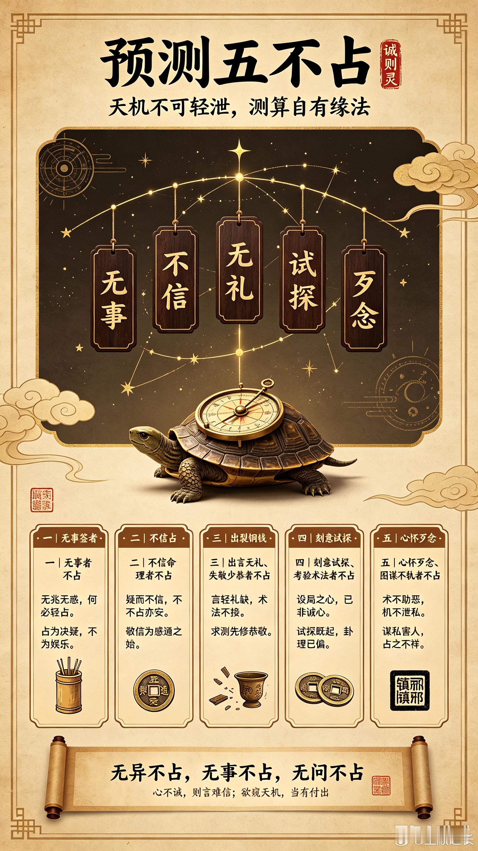 预测五不占1、无事者不占2、不信命理者不占3、出言无礼、失敬少恭者不占4、刻意试探、考验术法者不占5、心怀歹念、图谋不轨者不占古语云：无异不占，无事不占，无问不占。心不动，则鬼神不知。一事只占一次，初占为真，再占为渎，渎则不灵。天机不可轻泄，测算自有缘法，不可免费。欲窥天机，当有付出；心不诚，则言难信。