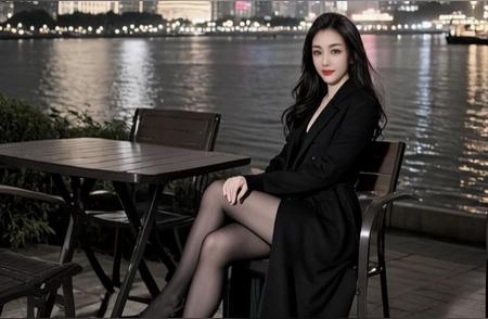 都市夜景下的优雅女性，黑衣黑丝，气质非凡。