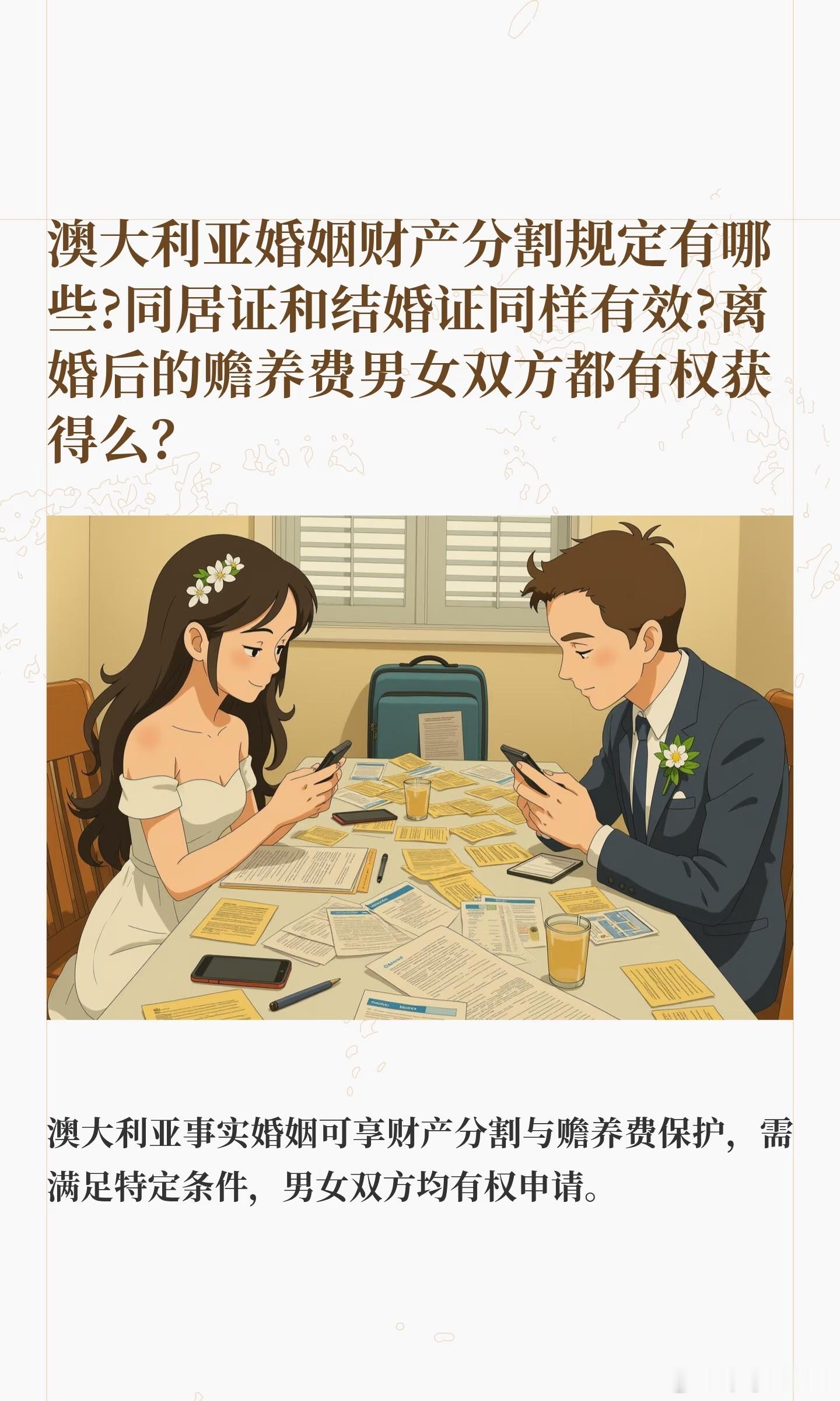 澳大利亚婚姻财产分割规定有哪些?同居证和结婚证同样有效?离婚后的赡养费男女双方都有权获得么？是的，但这里有一个非常容易被误解的地方：澳大利亚法律并不是简单地规定“结婚证和同居证完全一样”，而是对符合条件的事实婚姻（de facto relationship）给予了非常接近婚姻关系的财产和扶养保护。

以 ​