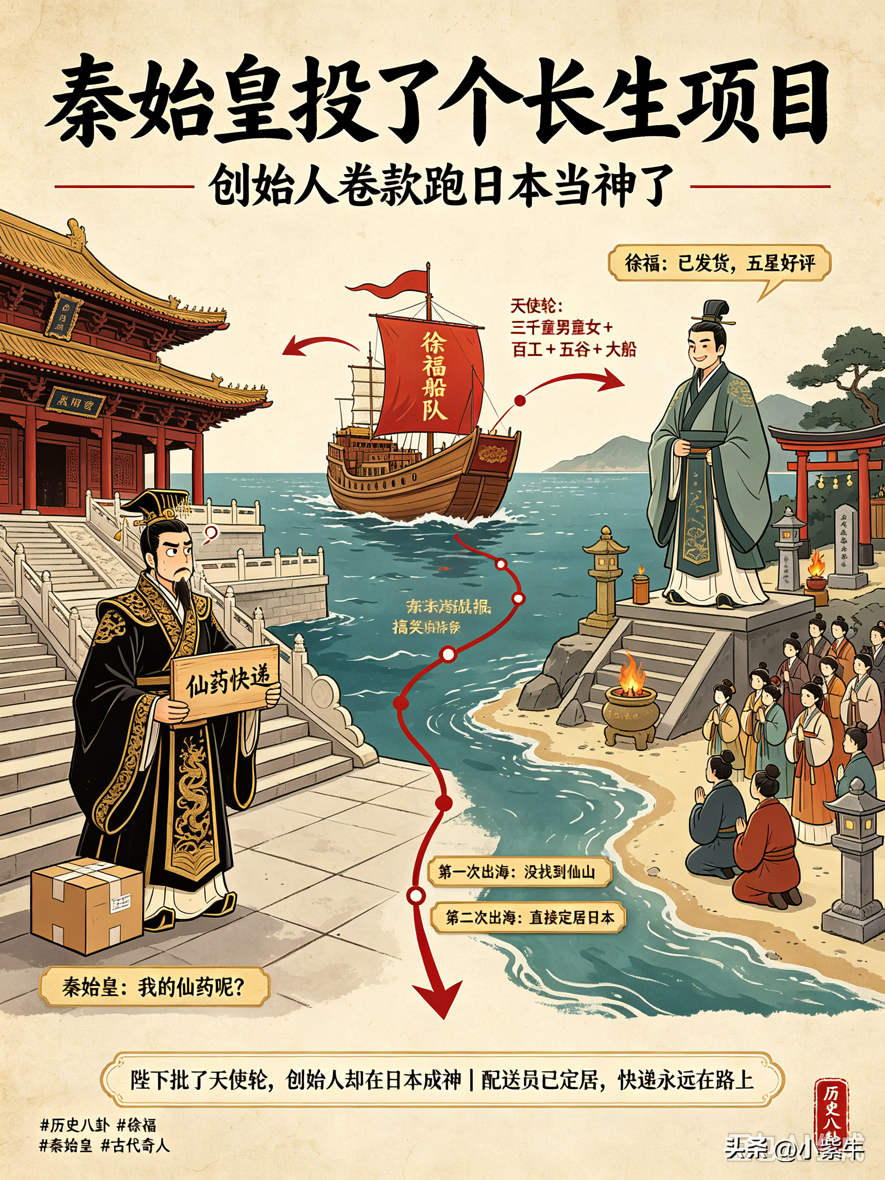 秦始皇投了个长生项目，创始人卷款跑日本当神了

秦始皇怕死，天天念叨：“谁能让我不死，要啥给啥！”

徐福举手：“陛下，东海有仙山，我去取药。”

秦始皇眼睛都直了：“要啥？”

徐福掰手指：“三千童男童女，百工，五谷，大船。”

秦始皇大手一挥：“批！天使轮！”

第一次出海，徐福漂了几个月，连个