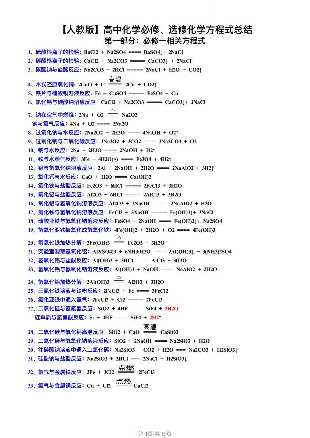 高中化学 | 化学方程式合集