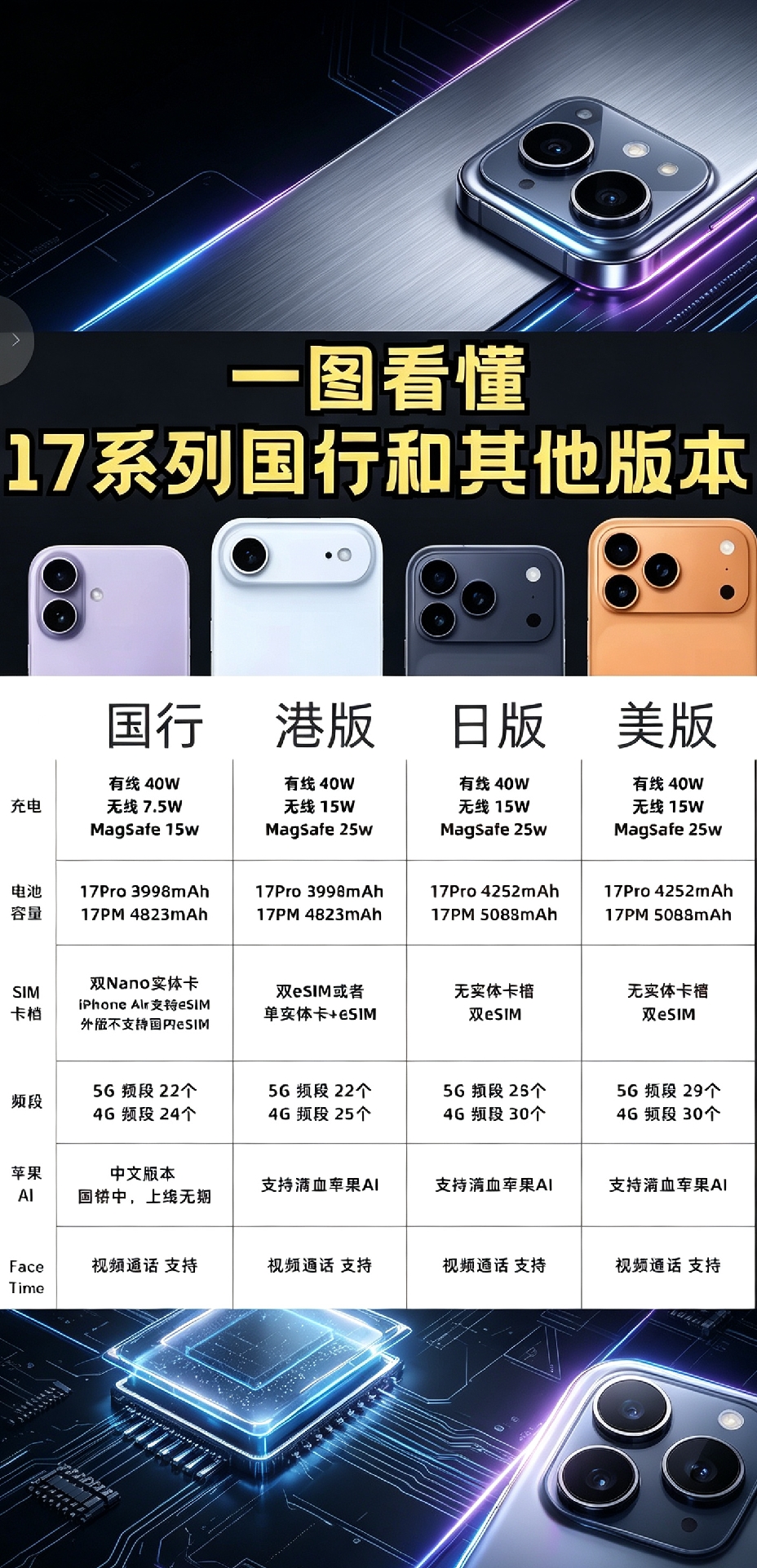🔥iPhone17各版本详细对比｜国行/港版/日版/美版怎么选
买前必看❗苹果17不同版本差距居然这么大
一图看懂iPhone17国行、港版、日版、美版区别
 
✨正文
准备入手iPhone17的宝子
一定要分清各个版本的差别，避免踩坑💡
充电、电池、卡槽、网络频段、AI功能全都不一样！
 
📋详细