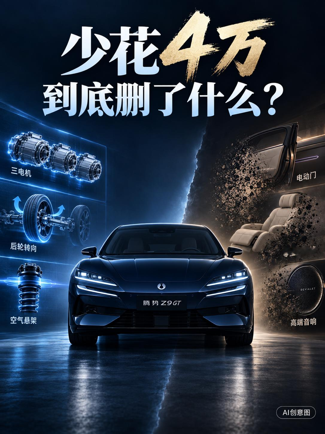 腾势Z9GT少4万豪华配置也砍了？
腾势Z9GT易三方闪充尊越型卖32.98万元，比36.98万元的闪充性能型低4万元。三电机、云辇-A和后轮转向还在，碳陶刹车、电动门、零重力座椅等配置被拿掉。
少花4万元保住核心技术，这叫会过日子，还是30多万的车没了豪华味？【来自懂车帝车友圈】