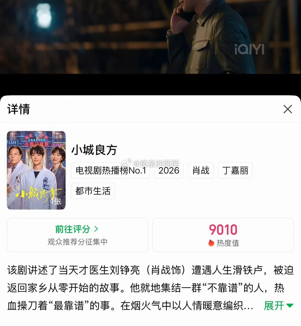 小城良方质量和热度真的对上了
好剧的底气，终究是藏不住的。《小城良方》开播第二天热度就冲到9000，眼看就要破万，热度和口碑终于双向奔赴。
它没有刻意制造激烈冲突，而是扎根在普通人的烟火日常里，把离别、释怀与温柔讲得克制又动人。肖战演的刘铮亮鲜活落地，褪去光环，就是小城里面对生死、学着 ​