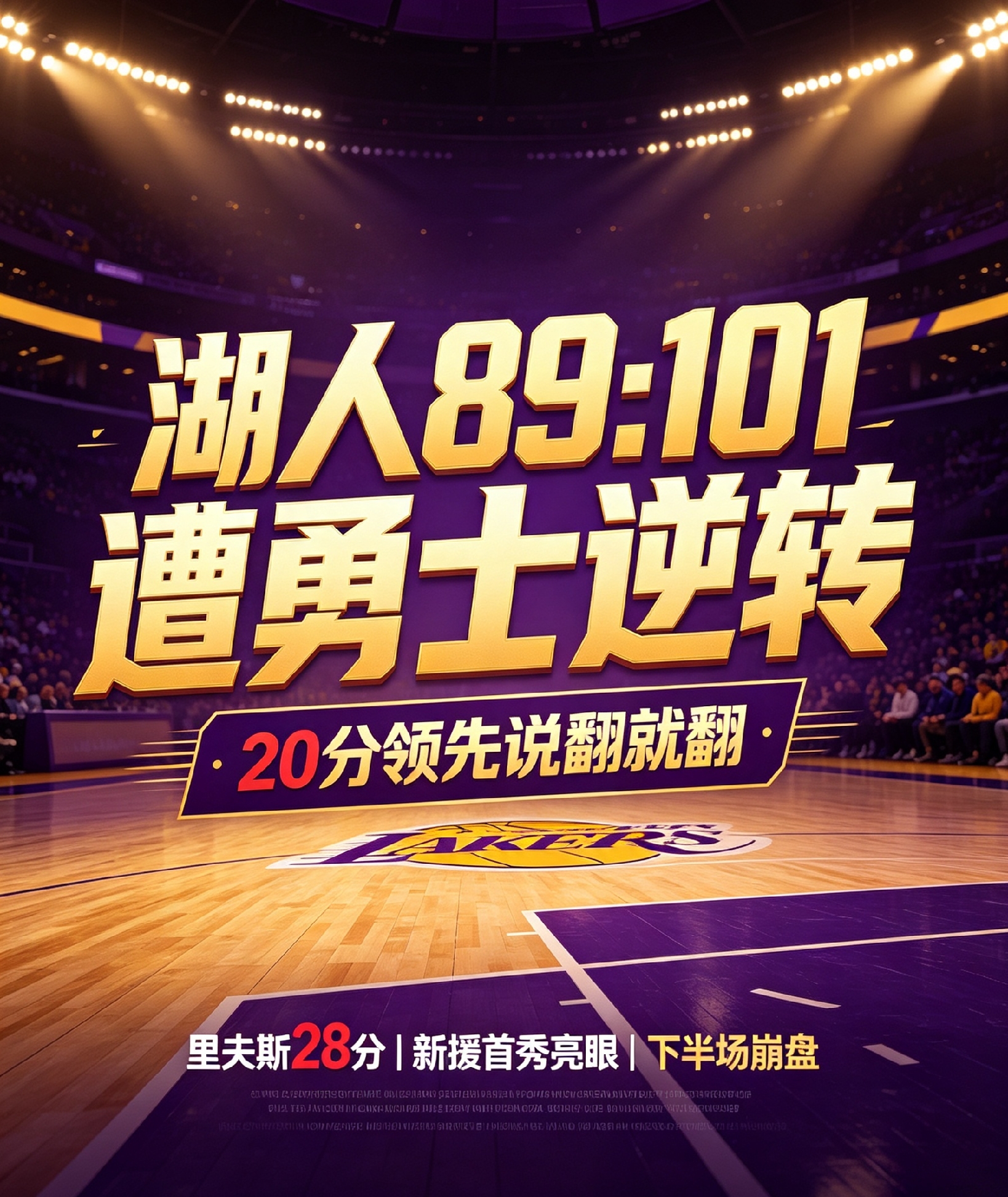 爆点前言
NBA季前赛诞生极具争议的翻车对局。湖人对阵勇士的赛场走势刷新球迷认知。湖人手握二十分巨大领先优势。球队最终以89比101的比分吞下逆转败仗。
 
湖人上下半场呈现两种完全相反的竞技状态。上半场