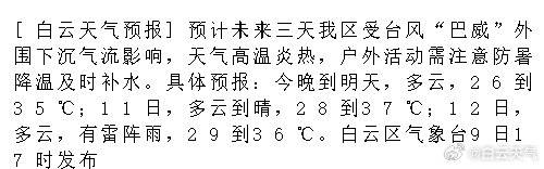 [白云天气预报]预计未来三天我区受台风“巴威”外围下沉气流影响，天气高...