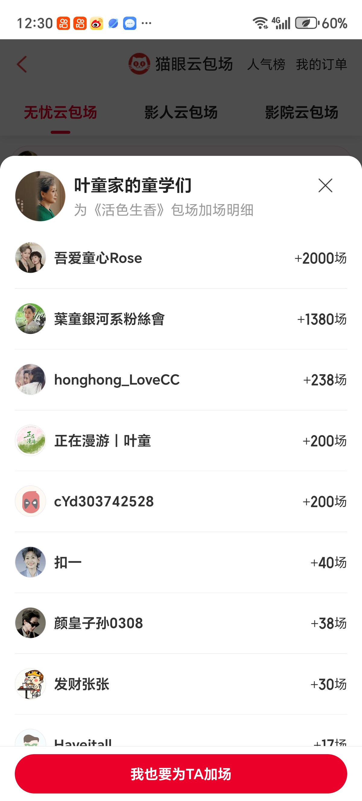 《活色生香》叶童家的童学云包场，十场以上的名单来了，这是目前的情况叶童