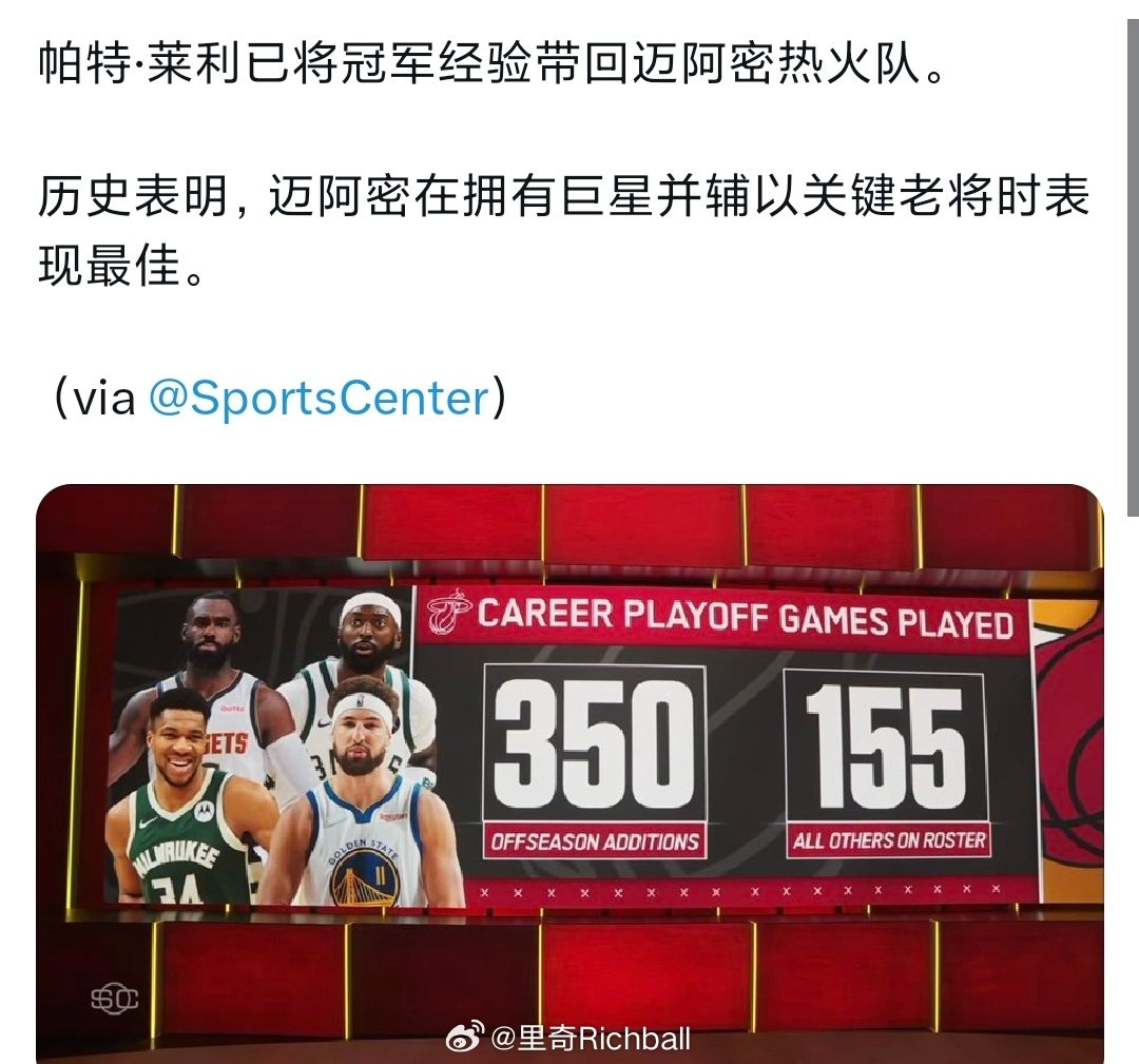 热火今年夏天引援的目的太明确了，4位新援的季后赛经验有350场，热火其他球员155场，目前热火阵容有丰富的总冠军和季后赛经验，克莱，字母哥，嘴哥，波蒂斯都是总冠军成员，阿德巴约也是打过总决赛的，加上教练组的经验，只要保持健康，季后赛一定会有作为的#克莱将加盟热火# ​