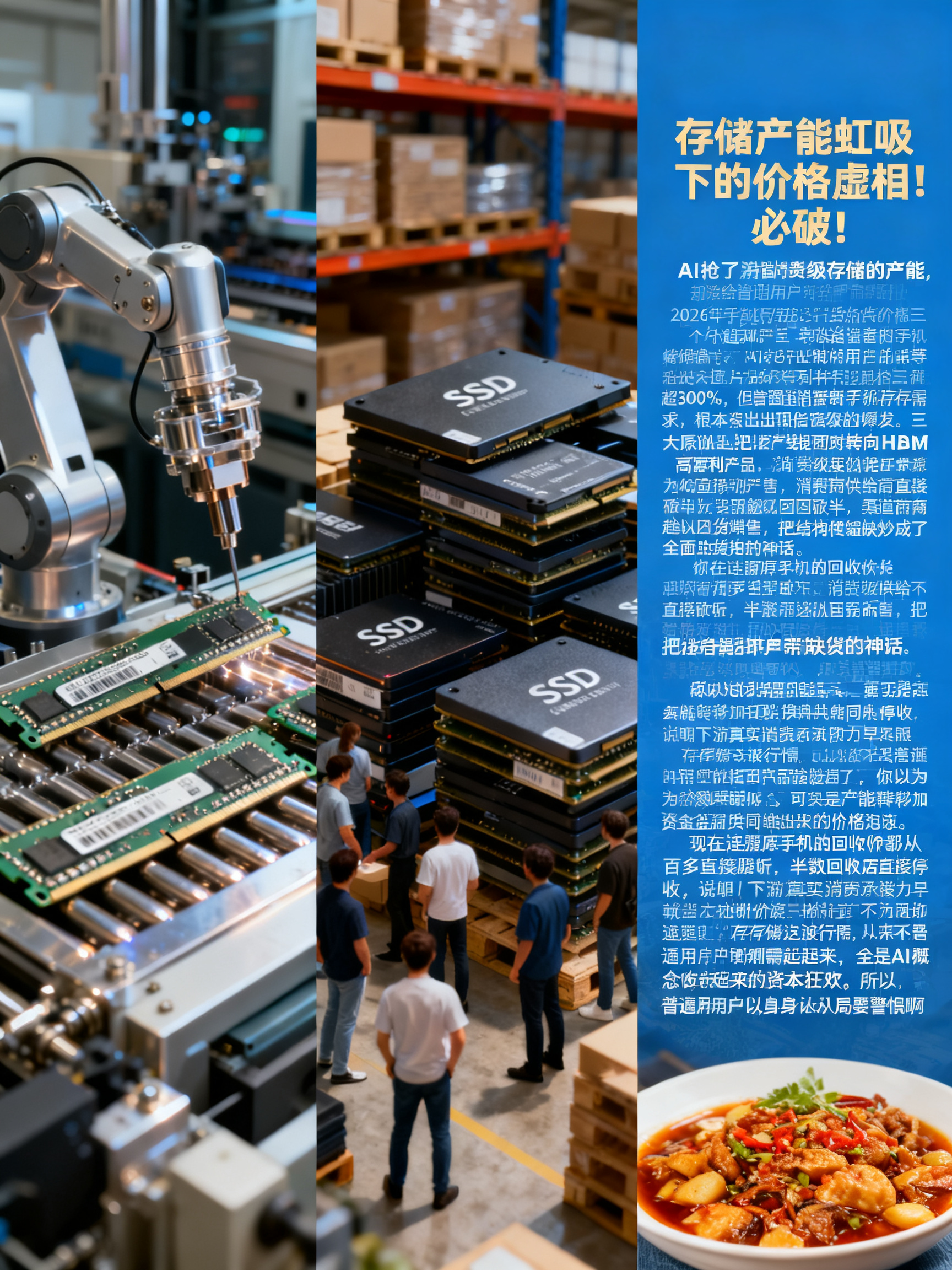 存储产能虹吸下的价格虚相！必破！
AI抢了消费级存储的产能，却没给普通用户带来对等的需求增长。2026年手机存储芯片现货价格三个月涨超300%，但普通消费者的手机存储需求，根本没有出现翻倍级别的爆发。
三大原厂把产线全部转向HBM高毛利产品，消费级供给直接砍半，渠道商趁机囤货惜售，把结构性短缺炒成了