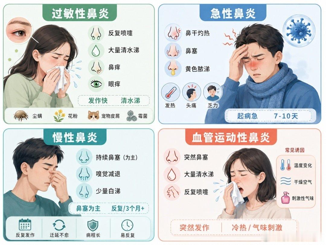 #微博科学抗敏行动##4大鼻炎类型看看你是哪种#鼻炎分类与临床类型解析

鼻炎是鼻腔黏膜炎症性疾病的总称，依据病因及发病机制差异，临床上主要分为四大类型。

一、过敏性鼻炎

过敏性鼻炎属IgE介导的Ⅰ型变态反应性疾病。当机体接触花粉、尘螨、动物皮屑等过敏原后，免疫系统产生特异性抗体，引发鼻黏膜血管扩张、腺体分泌亢进。典型症状为阵发性喷嚏、清水样鼻涕、鼻痒及鼻塞，常伴眼痒、流泪等眼部症状。本病具有明显季节性或常年性特征，且有遗传倾向。

二、非过敏性鼻炎

非过敏性鼻炎涵盖一组非IgE介导的鼻黏膜炎症，主要包括血管运动性鼻炎、药物性鼻炎、激素性鼻炎及特发性鼻炎等亚型。血管运动性鼻炎由温度变化、刺激性气味或情绪波动诱发，症状与过敏性鼻炎相似但过敏原检测阴性；药物性鼻炎则因长期滥用减充血剂所致，表现为反跳性鼻塞。此类鼻炎发病机制复杂，涉及自主神经功能紊乱、神经源性炎症等因素。

三、感染性鼻炎

感染性鼻炎由病毒、细菌或真菌等病原体侵袭鼻黏膜引起。急性病毒性鼻炎即普通感冒，多由鼻病毒、...