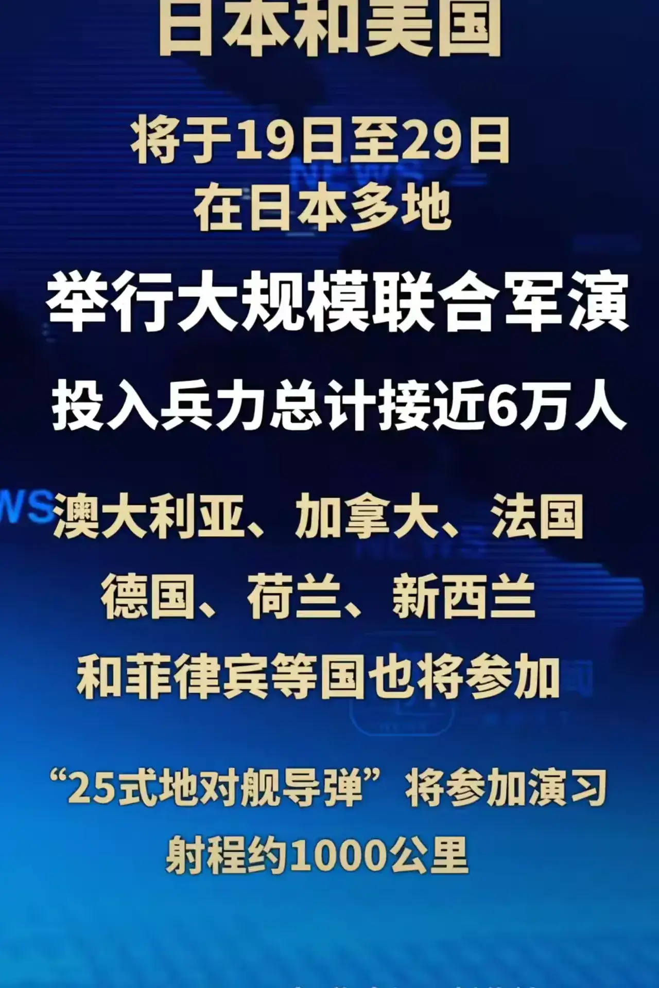10月19日至29日，美日即将开启代号“利剑27”的大规模联合军演，总投入兵力接近6万人，除美日外还有7国参与，其中5国为首次参演。美军首次在距离台湾仅110公里的与那国岛部署岸基反舰导弹系统，日本射程约1000公里的25式地对舰导弹也投入演训，外界普遍关注这套布局是否真的能封锁台海周边海域。

演