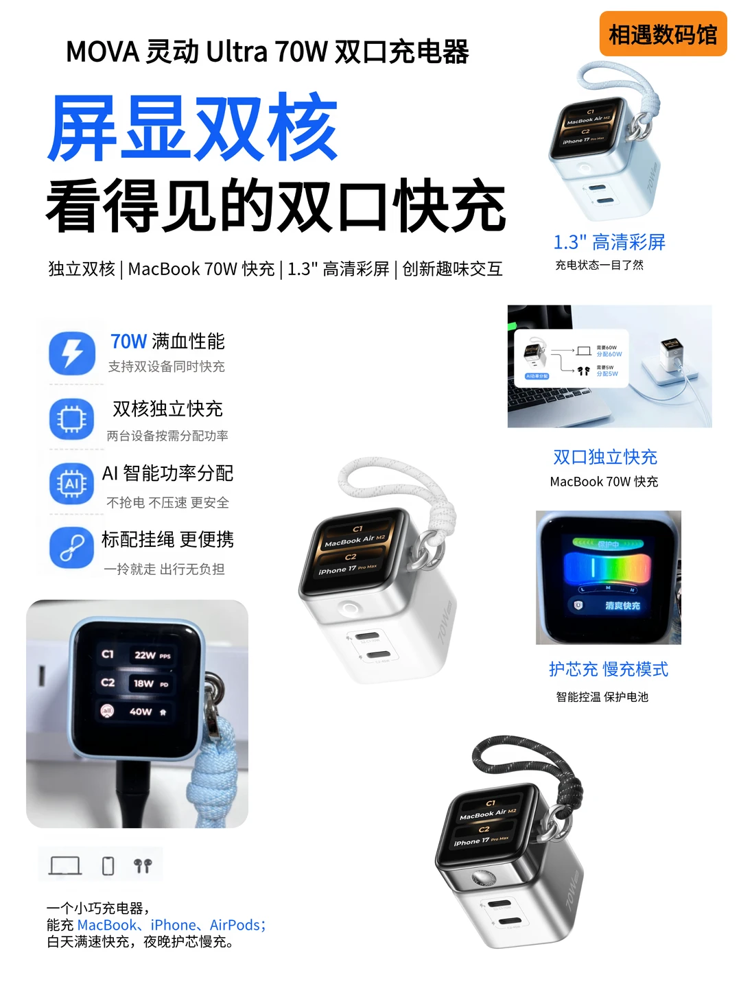 桌面潮玩充电器！70W 双口彩充太懂果粉