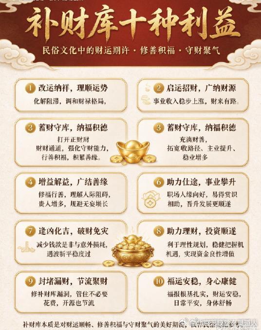 补财库十种利益传统文化中补财库，本质是期许理顺财运磁场、修善积福、守财聚气，共有十种正向期许，仅作民俗文化参考：1. 改运纳祥，理顺运势**化解阻滞财运的负面气场，调和自身财禄格局，改善长期求财不顺的状态，提升整体运势，为吸纳正财、稳守财源打下基础。2. 启运招财，广纳财源**打开正财发展通道，助推事业收入稳步上涨，让财来有路、财源归库，实现有进有存、聚宝守成，告别求财吃力的困境。3. 蓄财守库，纳福积德**充盈财库库容，强化守财能力，避免钱财无端耗散，既利于资产稳步积累，也在行善积福中积攒善缘与福德。4. 增益收益，资产递增**优化先天财运格局，拓宽增收路径，助力主业收益提升、副业机会增多，让个人可支配资产稳步增长，收益更上一层。5. 消债解厄，广结善缘**以修福行善之心化解过往隐性阻滞，理顺人际恩怨与无形阻碍，待人宽厚、多行善举，自然贵人增多、人缘和顺，规避无妄损耗。6. 助力仕途，事业攀升**财运与事业运相辅相成，财库充盈可带动职场人缘向好，易得上级赏识、同僚相助，职场阻碍减...