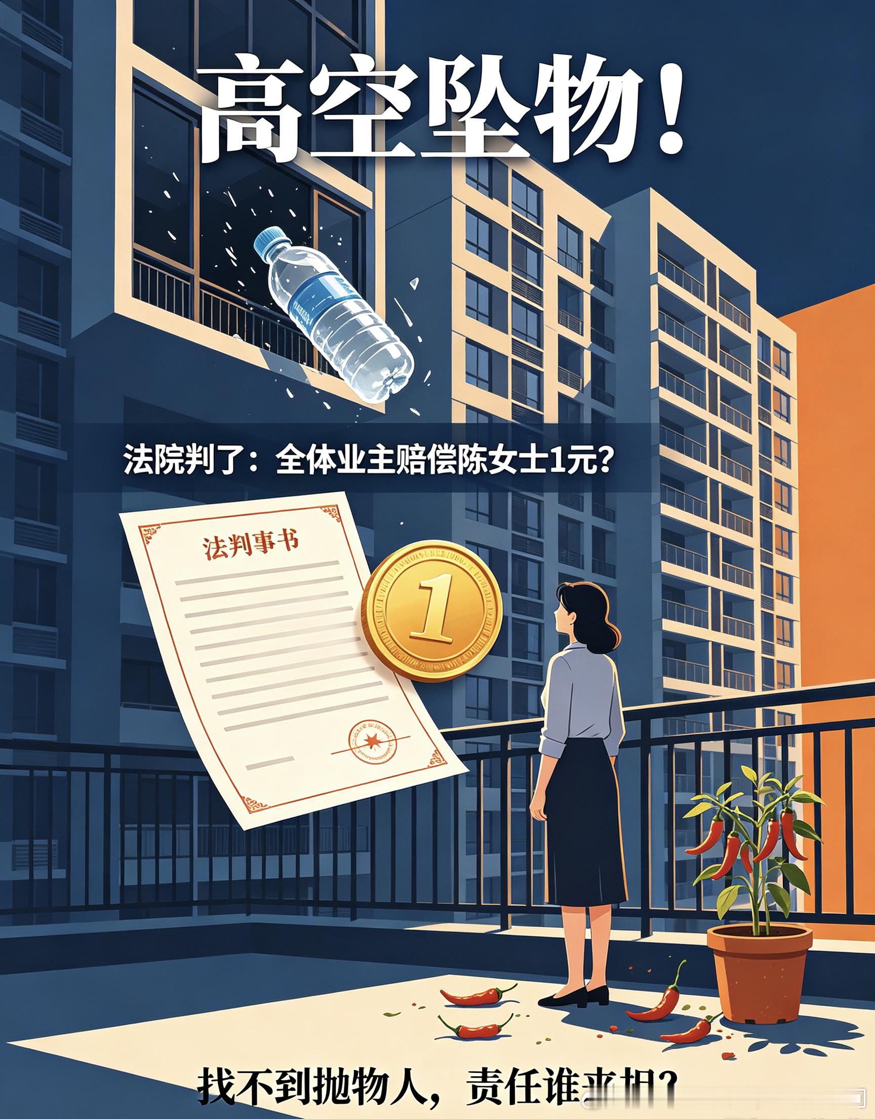 #高空抛物 #头顶上的安全 ⚖️

高空坠物！法院判了：全体业主赔偿陈女士1元？

一瓶矿泉水高空坠落砸坏辣椒苗，找不到抛物的行为人，法院判决业委会代表全体业主赔偿1元，1元赔偿金额虽小，但法律意义重大。

一法律要点：
根据《民法典》1254条，高空抛物致人损害，找不到具体侵权人时，除能够证明自 ​