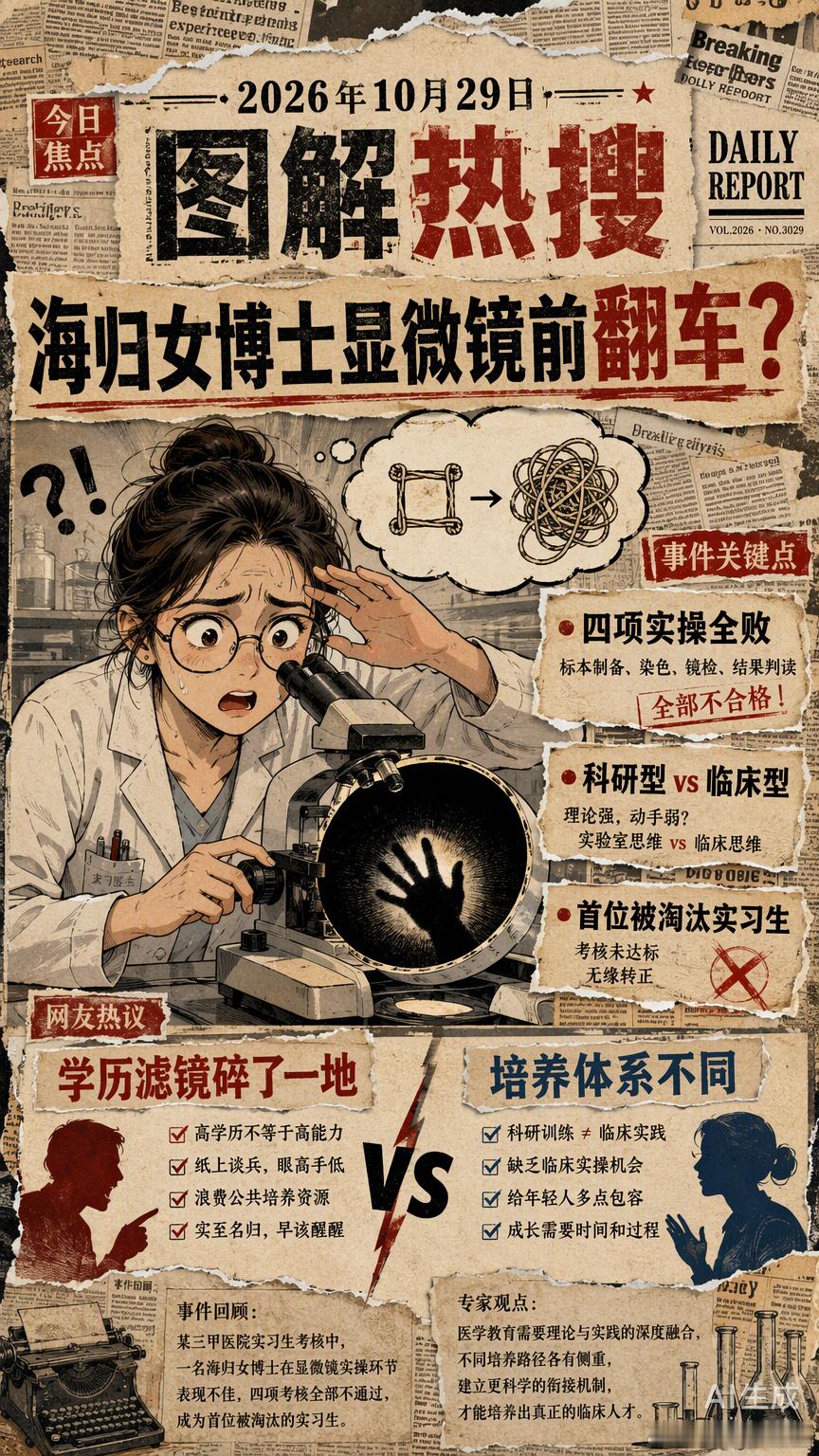 《令人心动的offer》里那位24岁的马来西亚籍女博士曾瑜萱，因为不会用显微镜、打不好方结被淘汰，引发了全网热议。

很多人第一反应是“海归博士就这水平”，觉得学历滤镜碎了一地。但在医学领域，我们得区分清楚“科研型PhD”和“临床型医生”。海外很多医学博士的培养重心在实验室课题和论文发表，就 ​