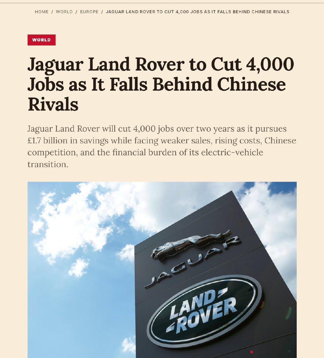 面对销量下滑、成本上升、来自中国的竞争以及向电动汽车转型所需的高昂投入，捷豹路虎计划在两年内裁员4000人，以节省17亿英镑资金。 ​