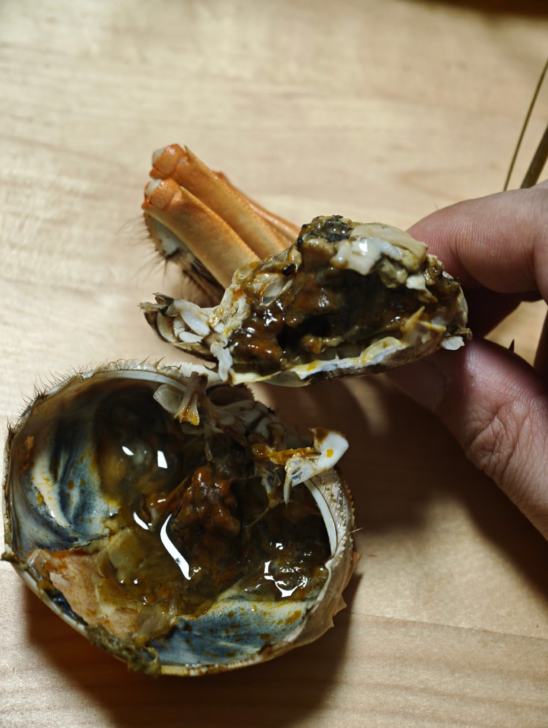 今年螃蟹好像不太行的样子

下午拿着蟹卡去店里换了一盒，卡面标价七百多，只能换六个，实际购买方必然折扣大把，但肯定也不算便宜的，这牌子还是一个我挺喜欢的艺人代言……

前面煮完打开第一个就这样，不敢吃，扔了[泪奔] 

明显西哈一则… ​