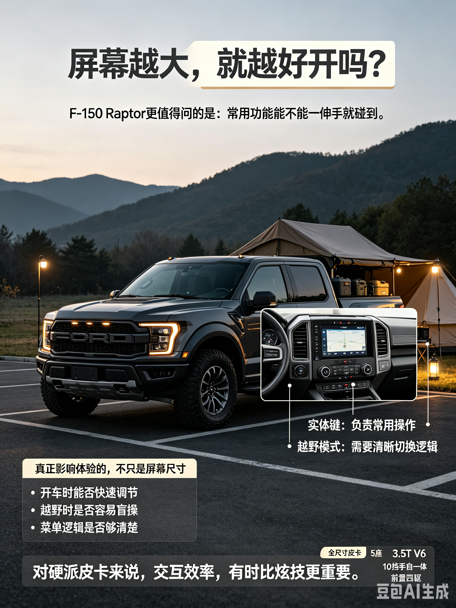 福特F-150 Raptor作为硬派全尺寸皮卡，并不一味追求超大中控屏。它保留实体按键，看重行车与越野场景下的盲操便利性。比起炫酷的大屏，高效的交互逻辑更为关键。选这类车型，要关注功能操作是否顺手，越野模式切换是否简单直观，优先考虑实际驾驶体验。【来自懂车帝车友圈】