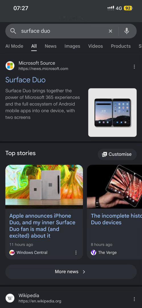 iPhone Duo成了热门话题，真为微软的Surface Duo惋惜，完全没做起来，也没多少人知道，好几年前悄悄出了，然后就销声匿迹了…虽然硬件比不上iPhone Duo, 但概念是不错的。 ​