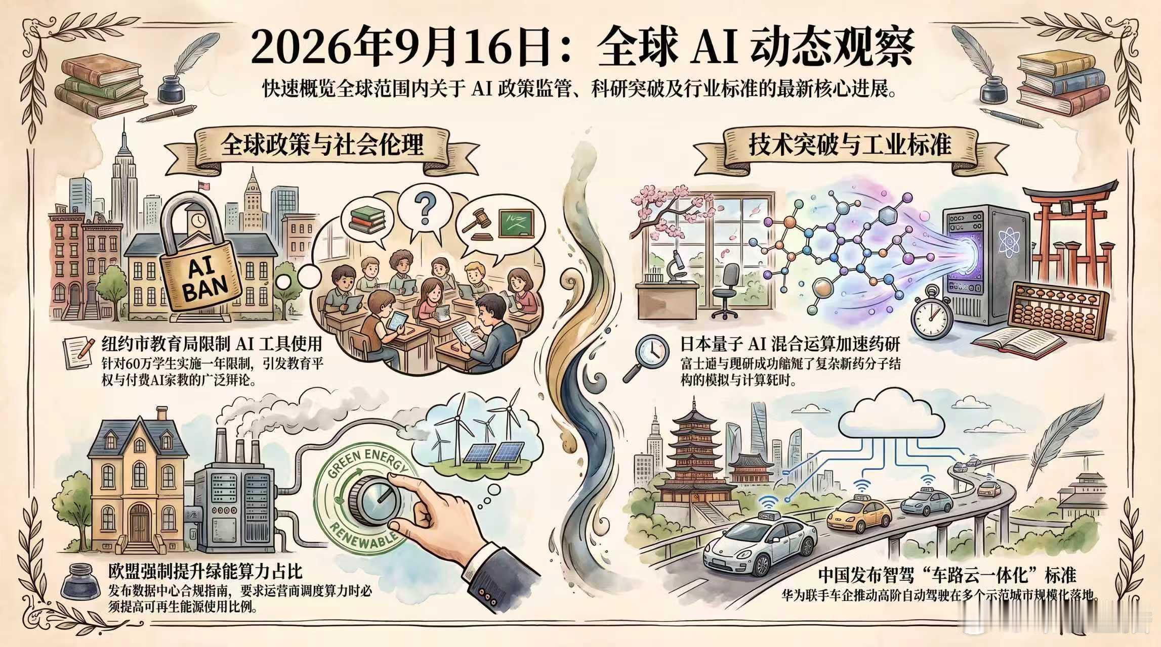 【2026-09-16 AI 观察日报】
近24小时 AI 领域重点聚焦于校园 AI 工具使用限制、芯片制造洁净室自动化、量子与 AI 混合运算，以及绿能算力调度新规。
【美国】纽约市教育局宣布对辖下 60 万名学生实施为期一年的特定生成式 AI 工具使用限制，引发各界对付费 AI 家教与教育平权的热烈讨论。
【欧盟】欧 ​