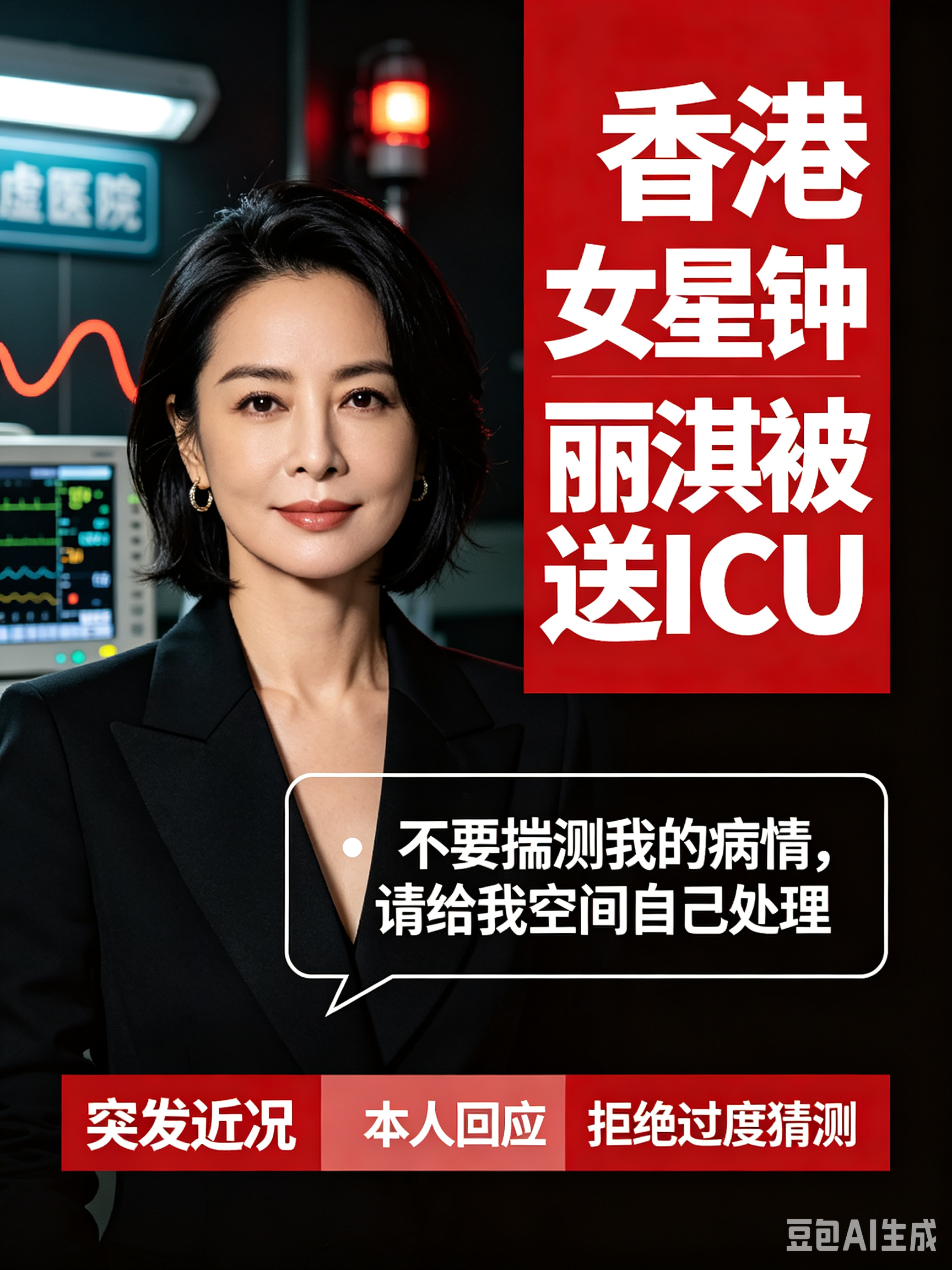 香港女星钟丽淇被送ICU，本人恳请：不要揣测我的病情
 
香港女星钟丽淇被送进ICU，引发外界关注。随后她本人发文，恳请大家不要揣测她的病情，希望能给她一些空间，自己处理事情。
 
娱乐圈艺人的健康状况牵动人心，但面对这类突发消息，我们更应该尊重当事人隐私，不胡乱猜测，也不过度传播未经证实的细节。