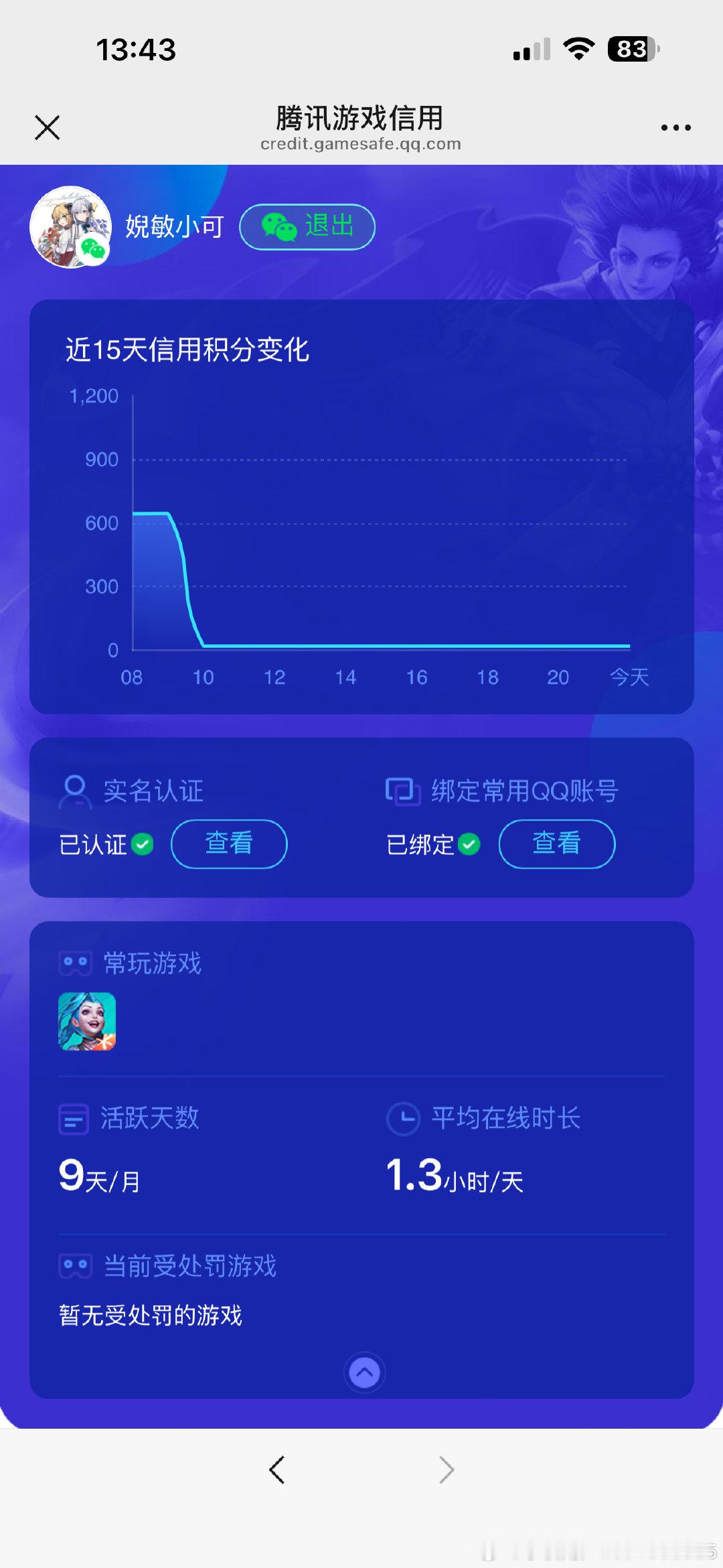 #腾讯人工[超话]#  我游戏没有违规，也没有任何处罚通知，为什么会突然暴跌我的信用分啊，进游戏突然话都不能说了，而且最近一直玩游戏一分都不涨这合理吗？ ​