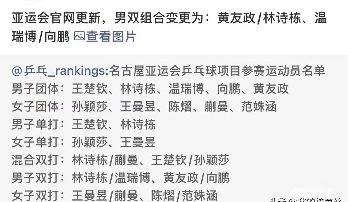 比赛马上就要开了，双打名单突然给改了。
林诗栋的搭档从温瑞博临时换成了黄友政，温瑞博改去跟向鹏配了。
我其实有点想不通这安排。
黄友政的单打成绩一直不太行，经常一两轮就下去了。
他打球有个毛病，出拍总感觉软绵绵没劲儿，双打能赢大多是靠队友硬拉着他走。
现在临阵把他塞给林诗栋，林诗栋等于要分出好大一部