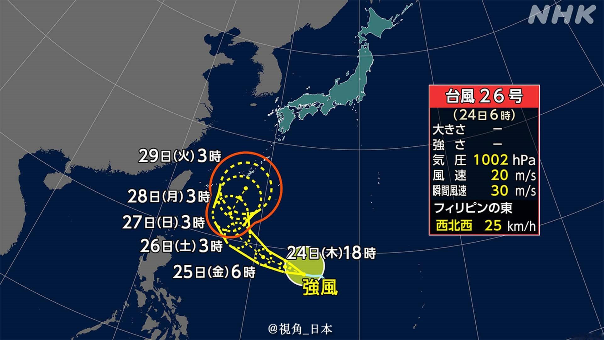 生活：台风25号导致皇居也被水淹，台风26号正在逼近。过去三天，台风25号给日本关东大范围地区带去狂风暴雨，神奈川县、千叶县、东京都等多地出现洪水、内涝、山体滑坡等自然灾害，连天皇住所皇居门前也因积水禁止通行。然而一个台风才刚刚过去，下一个台风就已经排队赶来，预计下周开始影响日本。 ​