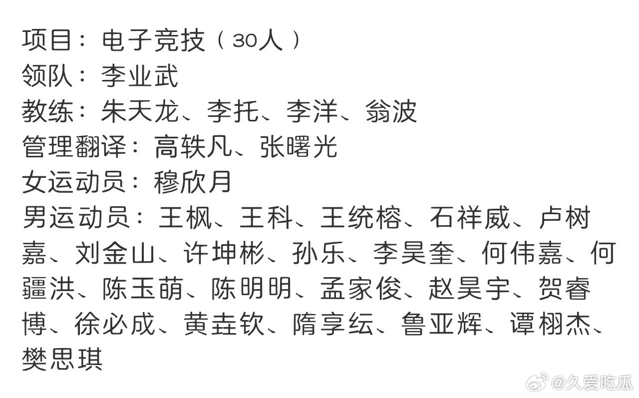 第20届亚运会中国体育代表团今天正式成立。

代表团由1274人组成，运动员815人（女子404人，男子411人），其中电子竞技项目30人 ​