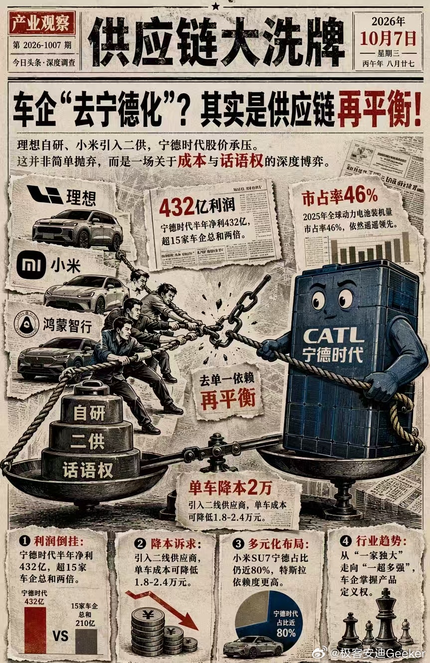 小米和宁德时代放一起，最值得聊的不是“谁依赖谁”，是这俩正在用两种完全不同的姿势，往对方的腹地伸手。

  先看明面上的数据。小米已经是宁德时代第三大整车客户，6月采购占比6.8%，跟理想并列，仅次于吉利和长安。SU7、YU7上宁德时代一直是主力供应商，供应比例超过80%。按这个口径，小米是宁德的 ​