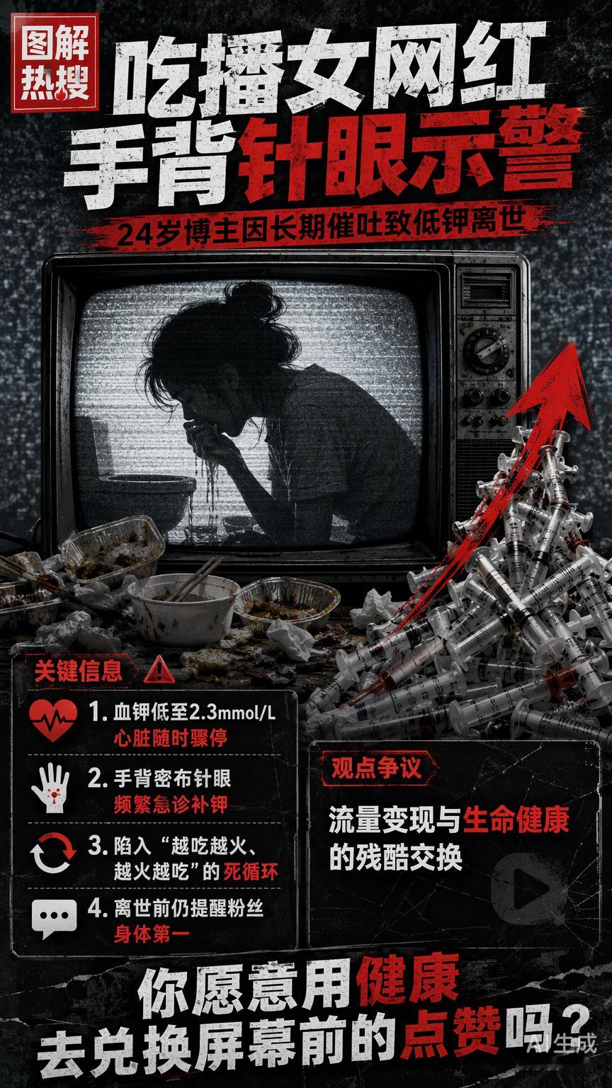 当我们在讨论“吃播女网红手背针眼”时，本质上是在谈论一种被算法异化的肉体献祭。很多人觉得这是个人对美食的狂热追求，但我看到的是商业变现逻辑在生理极限面前的野蛮击穿。

这种操作看似是镜头前的大快朵颐，实则是把本该由身体代谢承担的消化责任，转嫁成了对催吐反射的极限训练。更硬核的现实是 ​