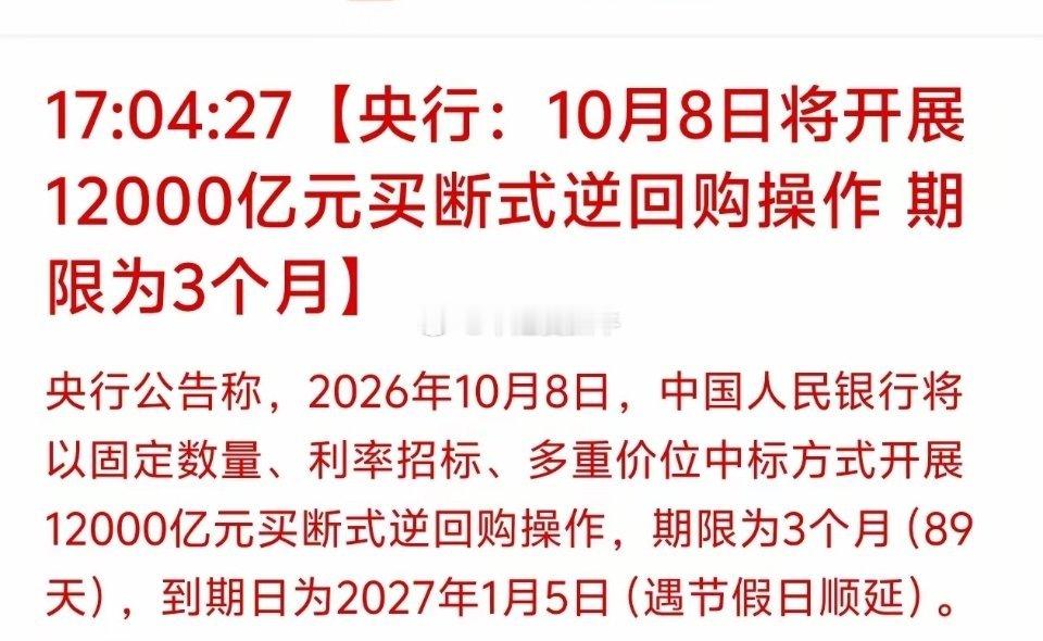 1.2万亿流动性来袭！节后资金面迎来托底
​​盘后消息，央行宣布10月8日开展12000亿元3个月买断式逆回购，投放中长期资金，稳住四季度流动性。

​​本次操作≠降准降息，属于定向补给银行体系，并非大水漫灌。资金宽松有利于提升市场风险偏好，前期调整充分的成长赛道弹性更强，通信、风电、半导体值 ​