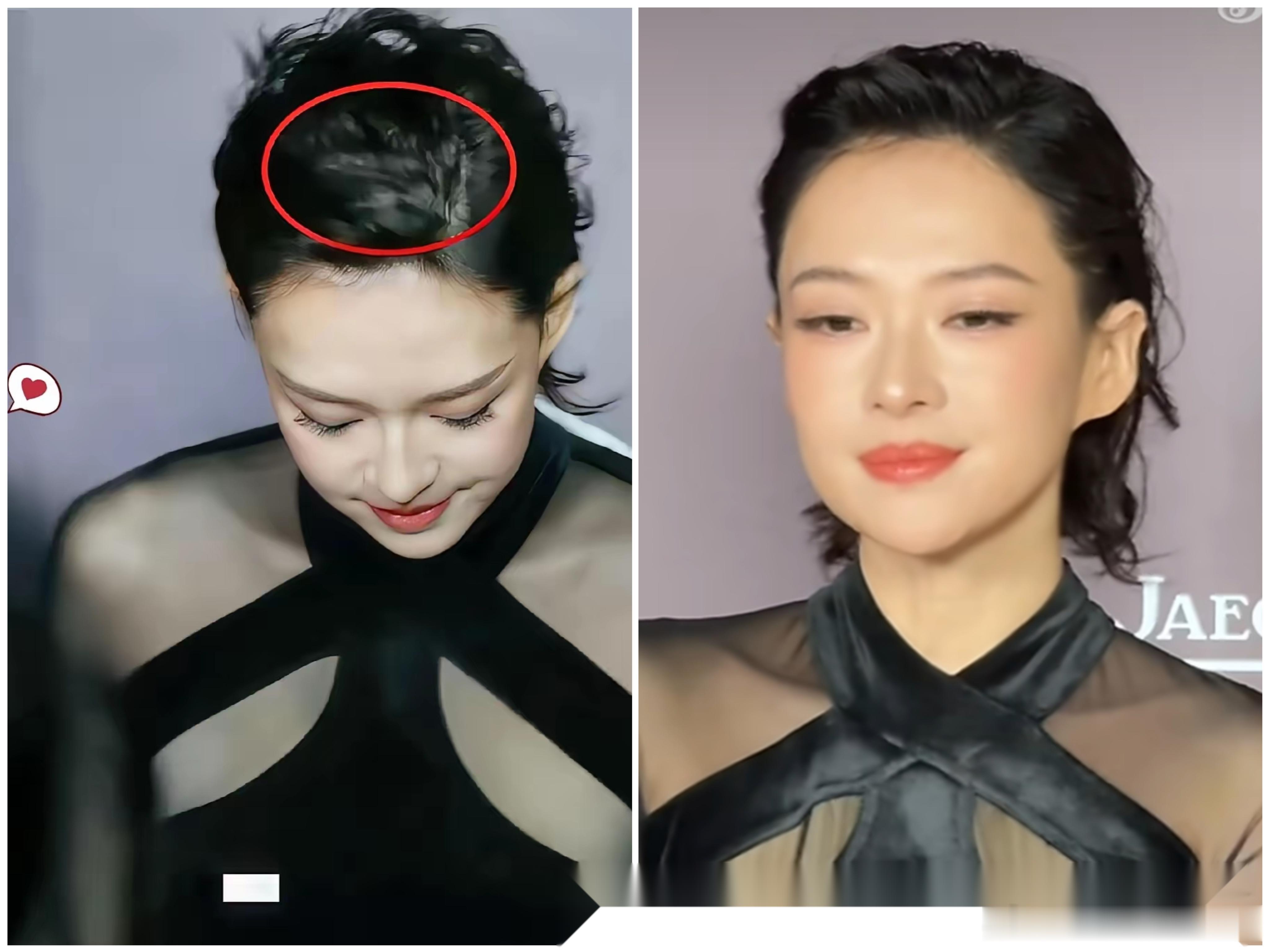 我能接受章子怡长胖， 
也能接受章子怡耳朵变了， 
但我真接受不了，她亮相无数，这次积家活动的发型却出人意料。 
 
颅顶没垫，发缝那块的头发看着稀稀拉拉，加上湿发贴头皮，整体显得发量少了一大半。以前出场，哪次不是盘发一丝不苟、大气利落，这回确实随意了些。 
 
说实话，这发型换个脸型扁平的 ​