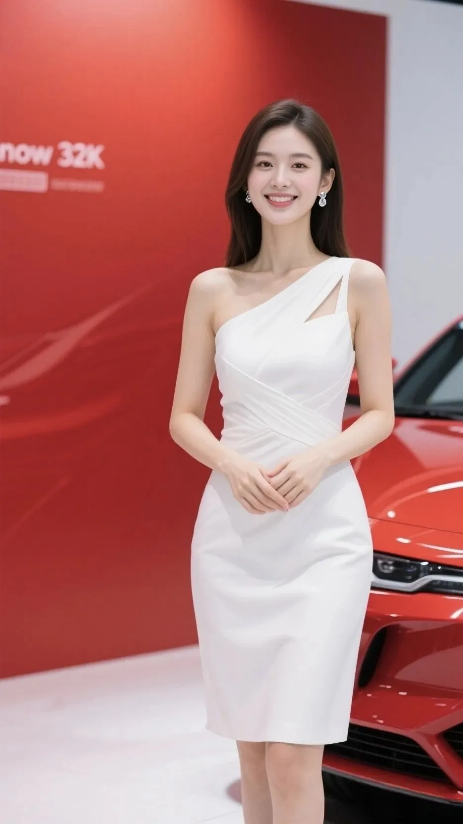 车展上，小姐姐身穿一袭单肩白色短裙，简约线条勾勒曼妙身姿，甜美笑容展现...