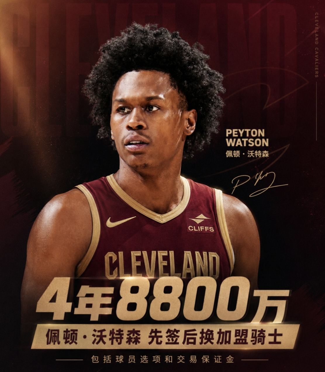佩顿·沃特森加盟骑士分析📊
 
这笔三方交易：骑士送出斯特鲁斯+2031无保护首轮+2032次轮，先签后换得到佩顿·沃特森（4年8800万，含球员选项）。
新潜在首发：哈登+米切尔+佩顿·沃特森+莫布利+贾莱特·阿伦 。
 
✅这笔补强解决了骑士最大痛点
 
上个赛季骑士打进东决，但被尼克斯锋线群直