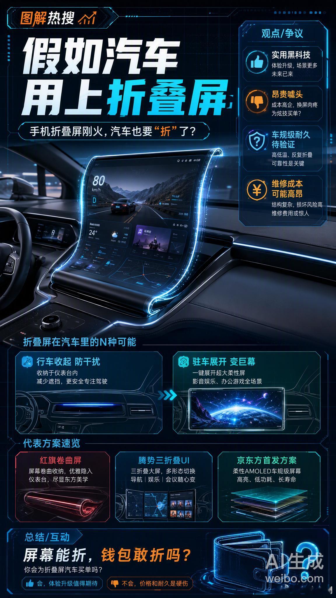 假如汽车装上折叠屏丨格局打开
 
[鲜花]脑洞一下，如果车内配备折叠屏会是什么体验。
[鲜花]停车的时候把屏幕完全展开，是巨幕，露营追剧，翻看旅行攻略都很舒服。导航支持分屏显示，一边看路线，一边切歌看信息，副驾娱乐和主驾行车互不打扰。
 
[鲜花]行驶状态折起收窄，回归常规车机大小，避免大屏 ​