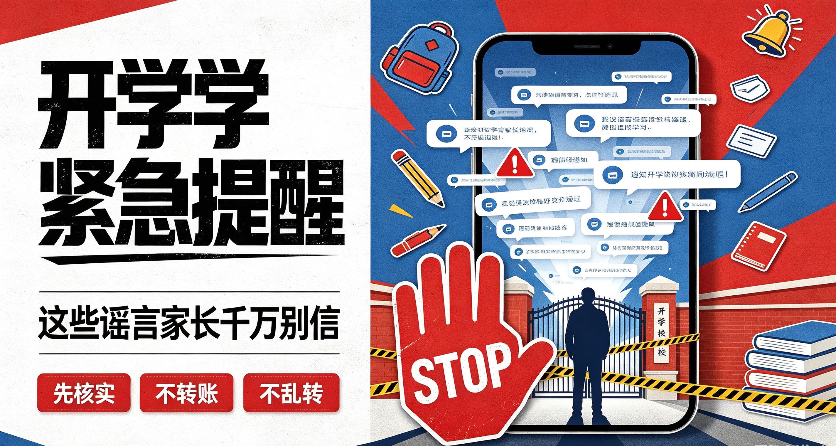 开学了这些谣言家长要警惕 ！

开学一到，家长群、朋友圈、短视频就热闹起来。各种真假消息满天飞，专门拿捏家长的焦虑心态，有的贩卖焦虑，有的直接设下骗局，稍不留神就容易上当。今天盘点开学季流传最广的几大谣言，建议各位家长看完收藏，别被带节奏。

第一类，伪装老师的收费骗局，每年开学都有不少人中招。
骗