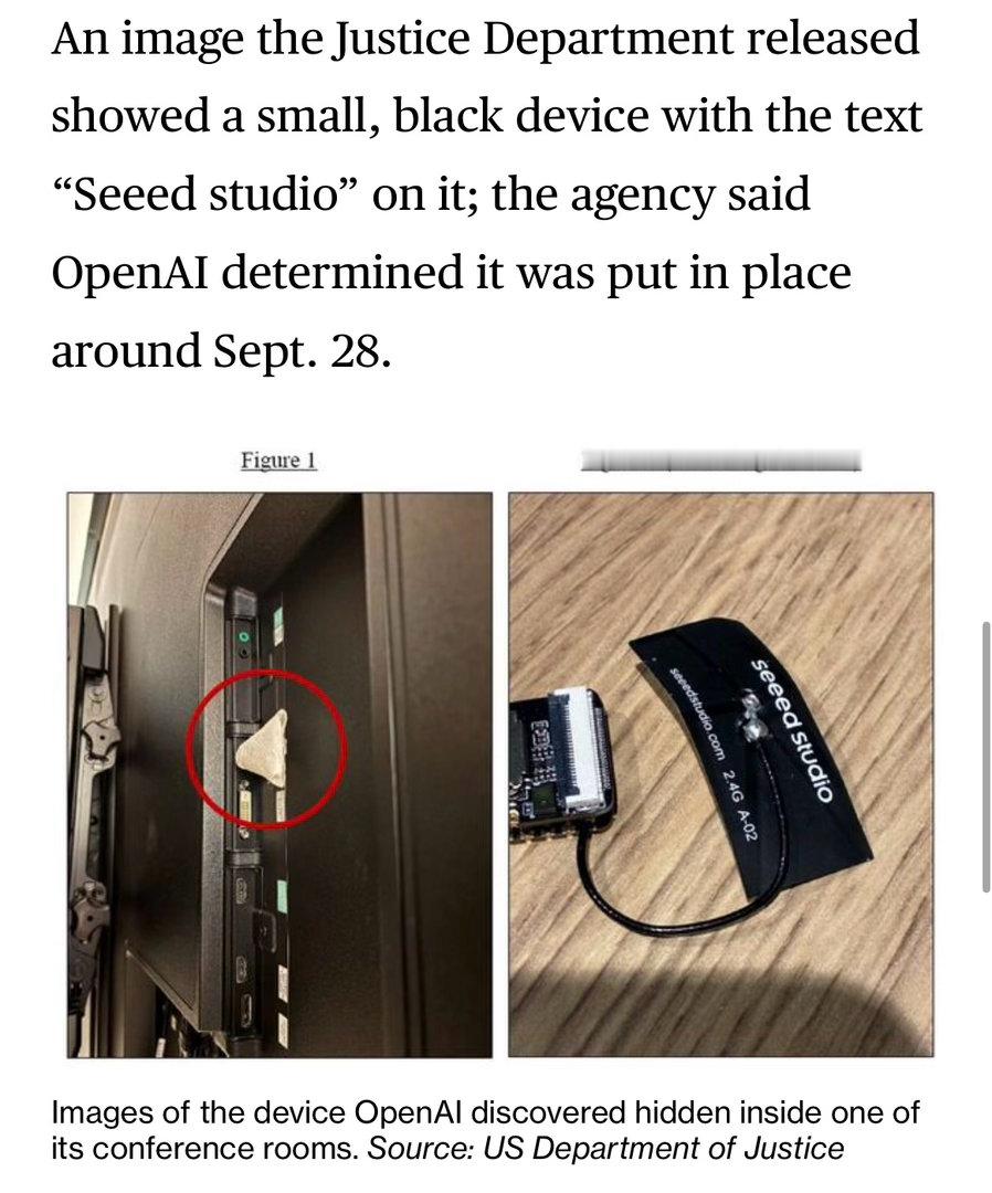 OpenAI的沙特籍员工在旧金山高管经常使用的会议室里偷偷安装麦克风…用卫生纸卷一卷就塞到电视USB口上取电偷听了 ​