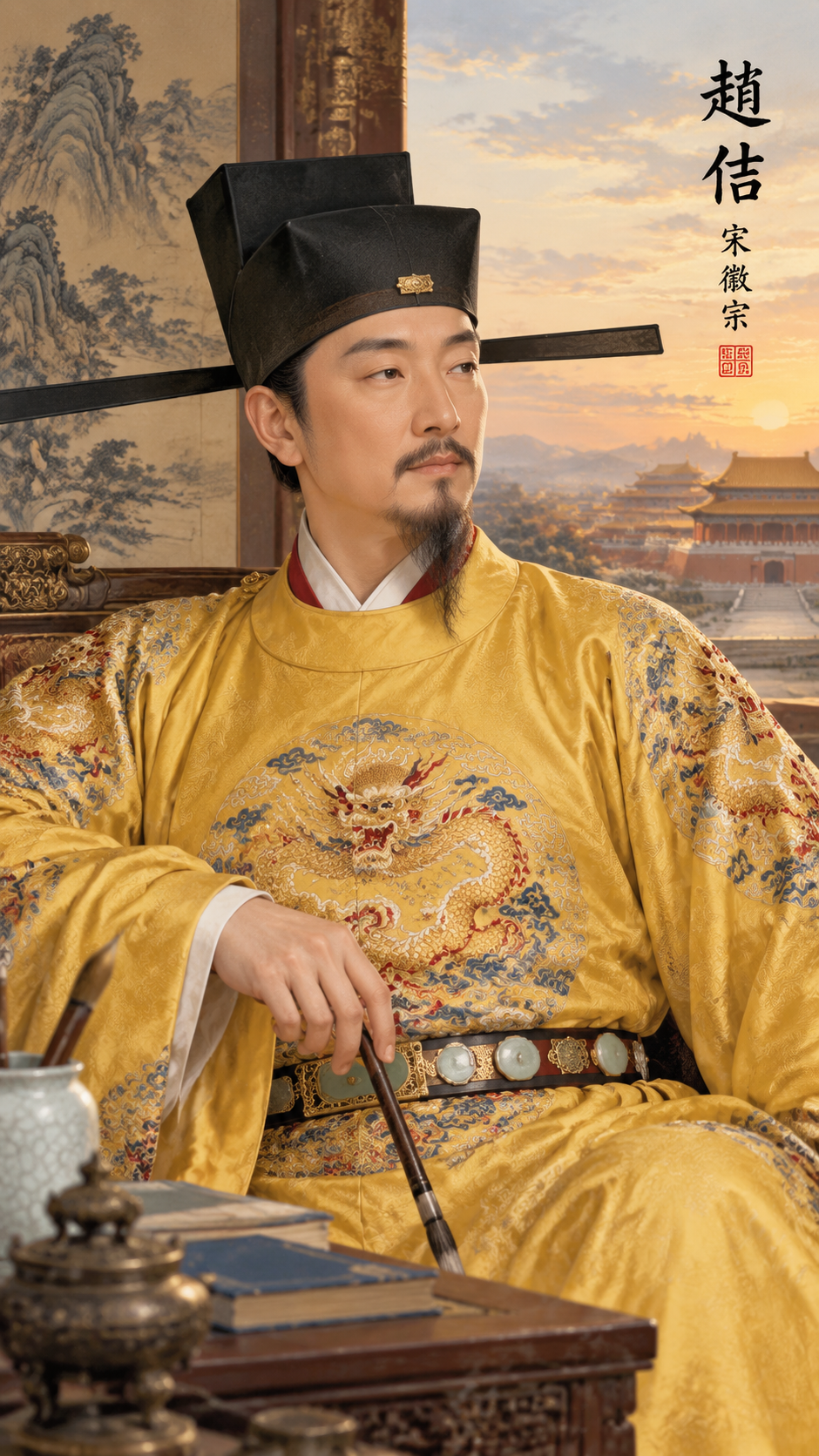 《赵佶：北宋“首席美学家皇帝”，亡国前夜还在改宋体字、画瘦金鹤、给花谱写序——他不是昏君，是把江山当一幅未完成的《千里江山图》，只可惜，裱匠来得太早！》


“靖康之耻”像一场猝不及防的硬盘格式化；
可翻开《宣和画谱》《大观茶论》《宣和书谱》，这位23岁登基、44岁被俘的皇帝，
活得像一位穿龙袍的故