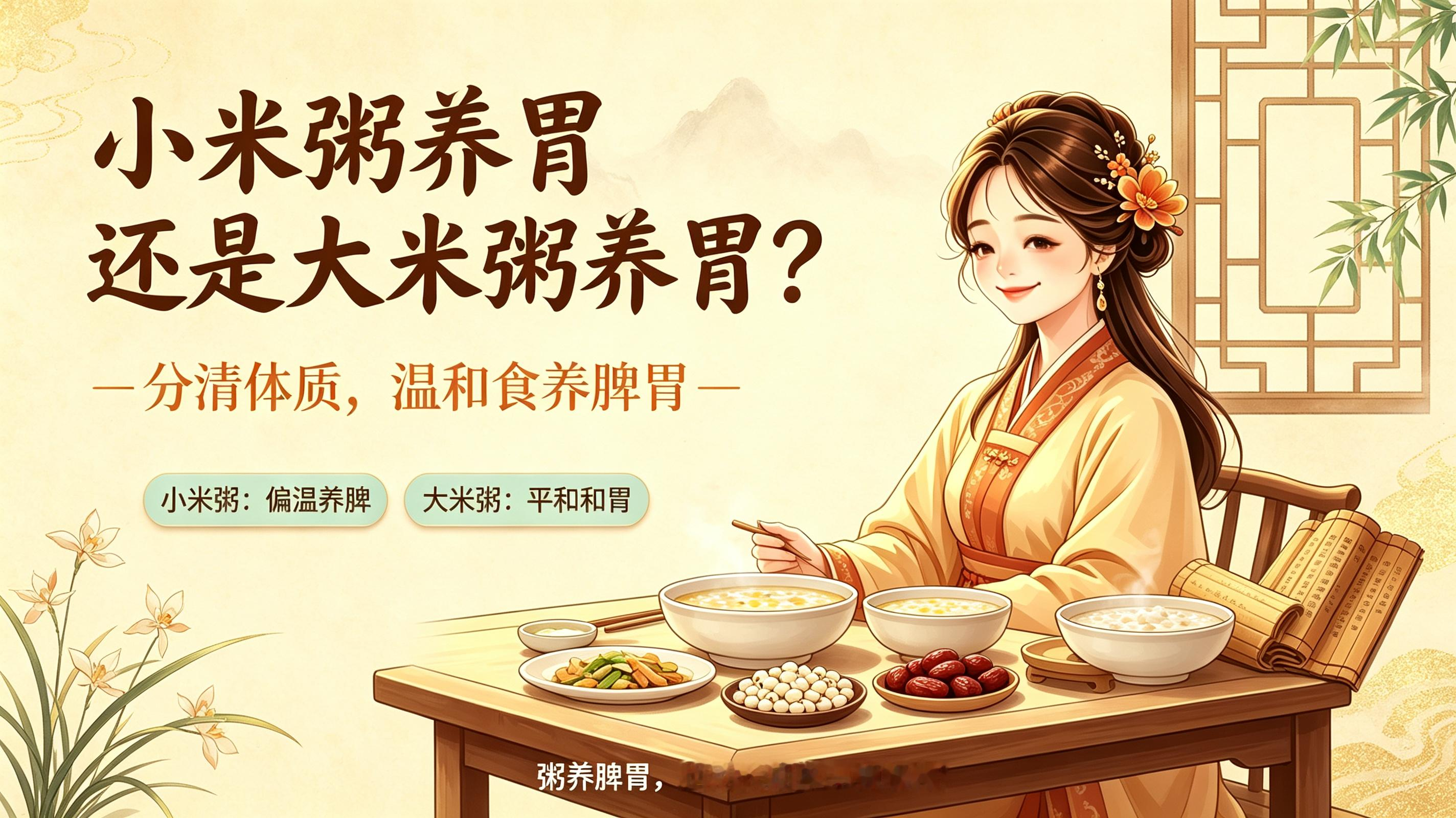 小米粥养胃还是大米粥养胃?不少脾胃弱的朋友，纠结养胃到底选小米粥还是大米粥。从中医食养角度来说，二者各有侧重，没有绝对好坏，要看你的体质。
 
小米色黄入脾，性质偏温。小米粥上面那层粥油，滋养脾胃津液。适合胃口差、容易乏力、脾胃虚寒的人。如果平时怕冷、吃凉就胃不舒服，优先小米粥。
 
大米（粳米