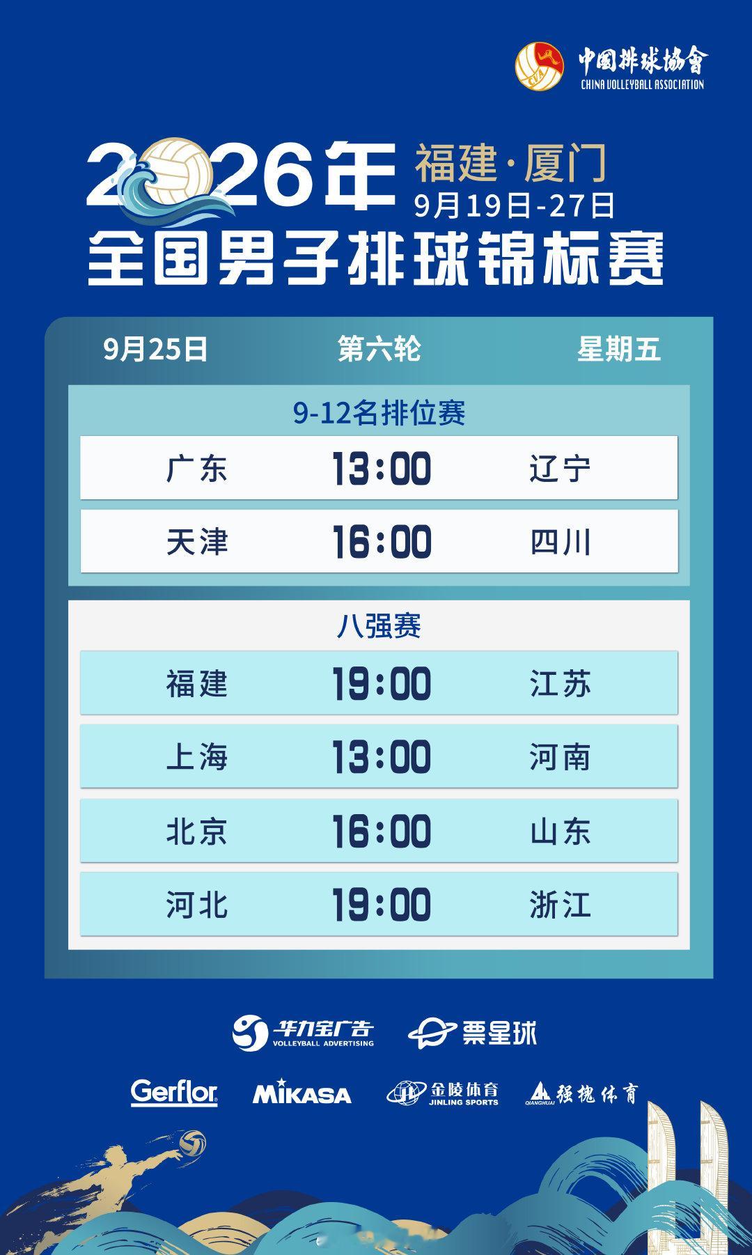 9月25日，#2026年全国男排锦标赛# 将进行八强赛以及9-12名排位赛。赛程👇 ​​​
