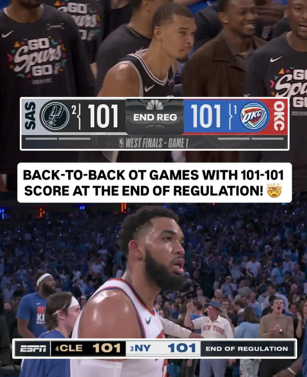 NBA历史首次东西分区决赛G1均进入加时赛，且比分均为101平  今日...